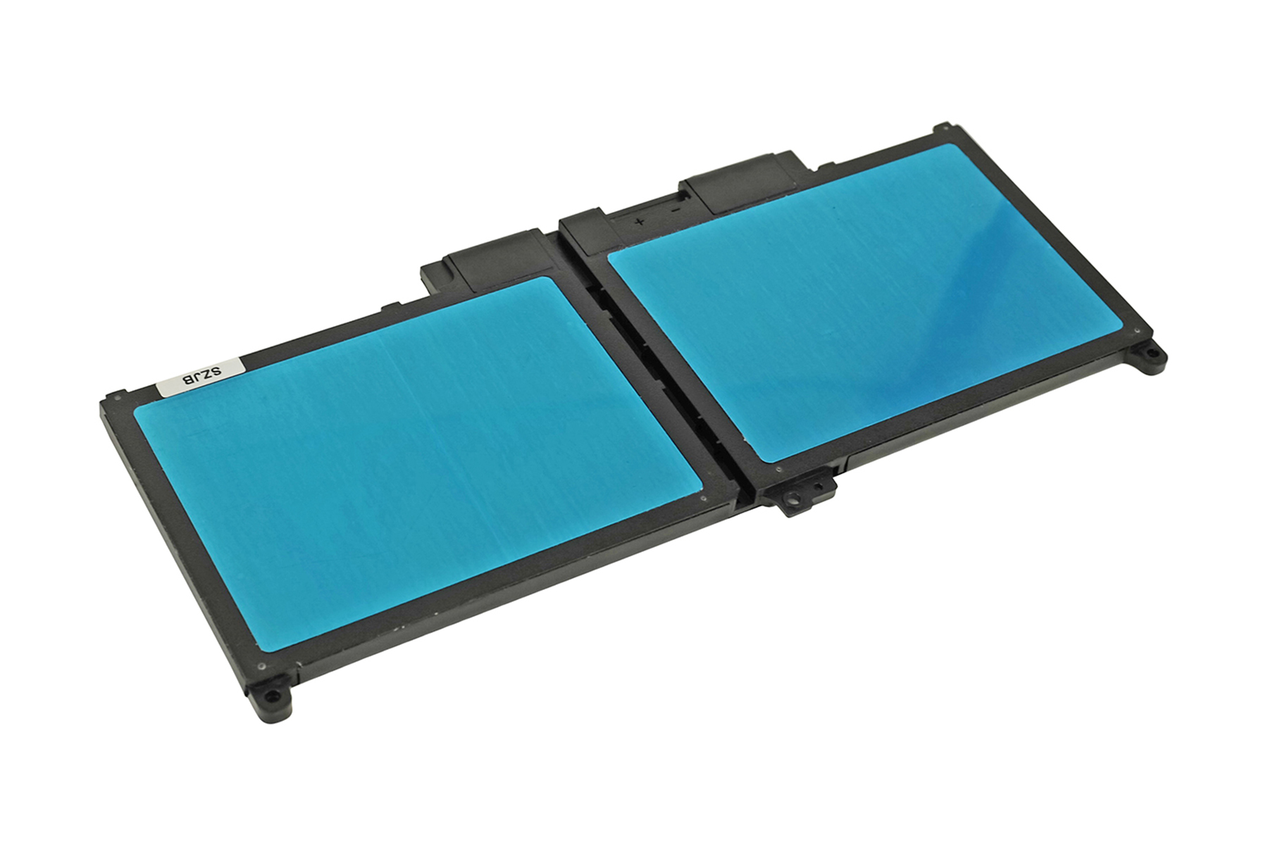 Laptop-Akku mit zwei blauen Aufklebern, schwarzem Rahmen, isoliert auf weißem Grund.