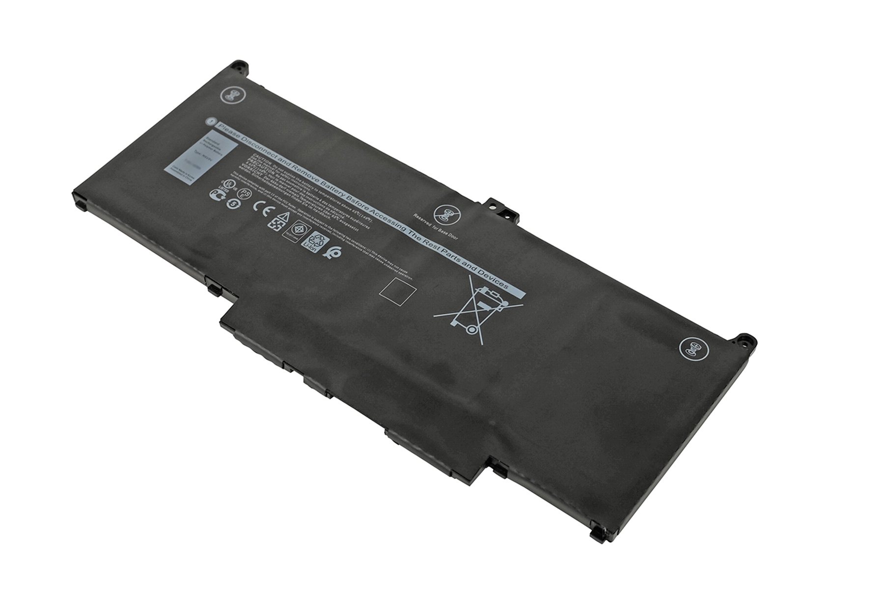 Laptop-Akku auf weißem Hintergrund, Draufsicht. Schwarze rechteckige Form mit Aufklebern und Warnhinweisen.