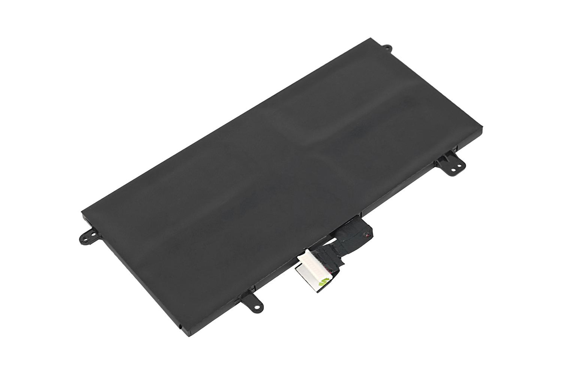Ein schwarzer Laptop-Akku mit schwarzem Kabel und weißem Stecker. Auf weißem Hintergrund.