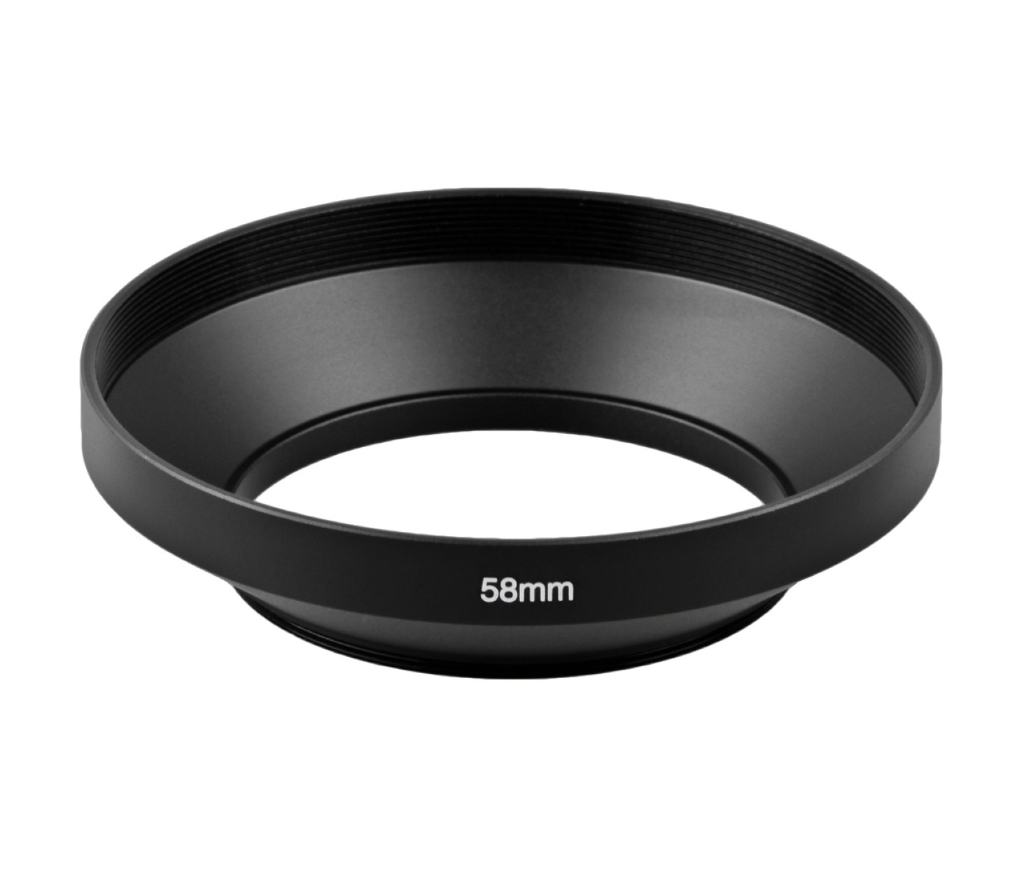 Schwarze Sonnenblende mit Text '58mm'. Es hat eine kreisförmige Form.
