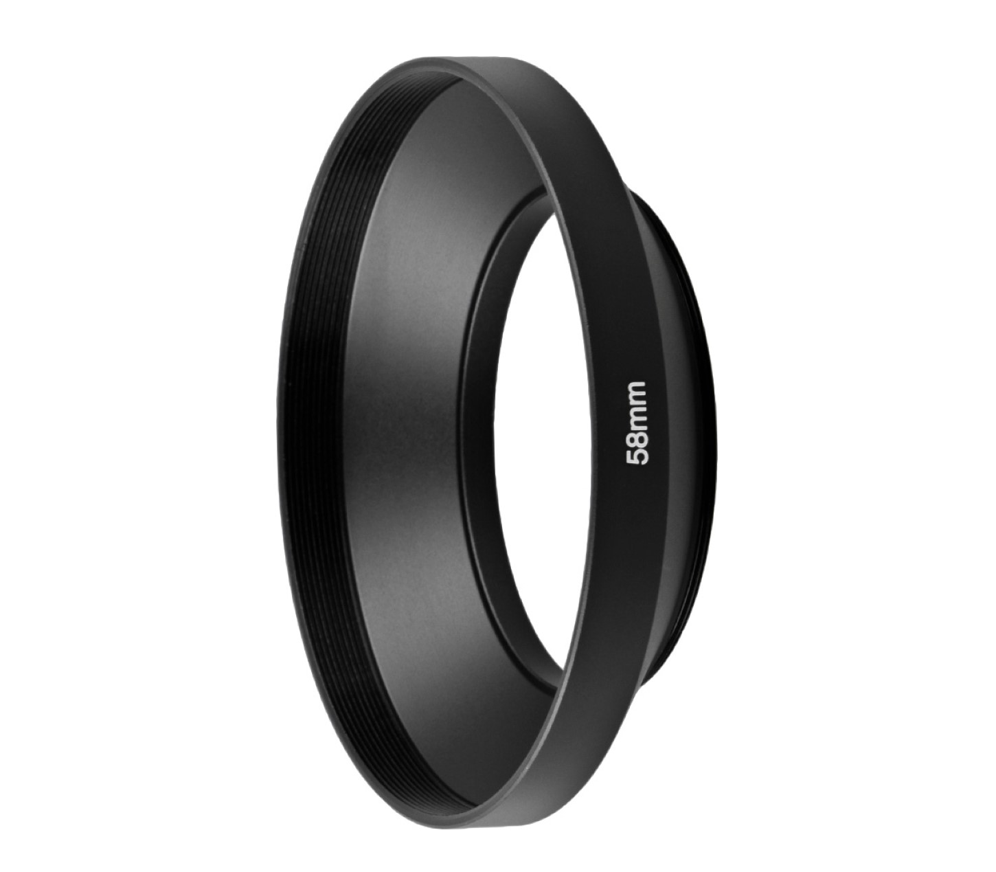 Schwarze 58-mm-Objektivblende auf weißem Hintergrund. Sie ist zylindrisch mit gewölbter Oberseite.