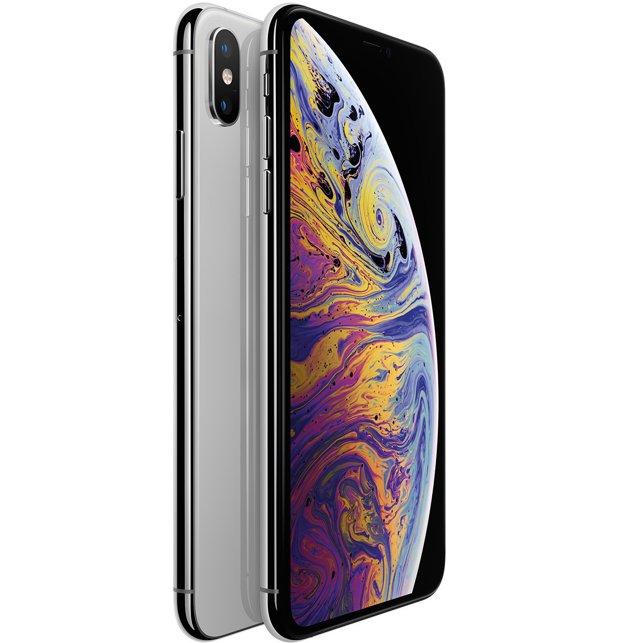 Dwa srebrne telefony iPhone XS, jeden z przodu, drugi pod kątem. Czarny ekran wyświetla kolorową grafikę.