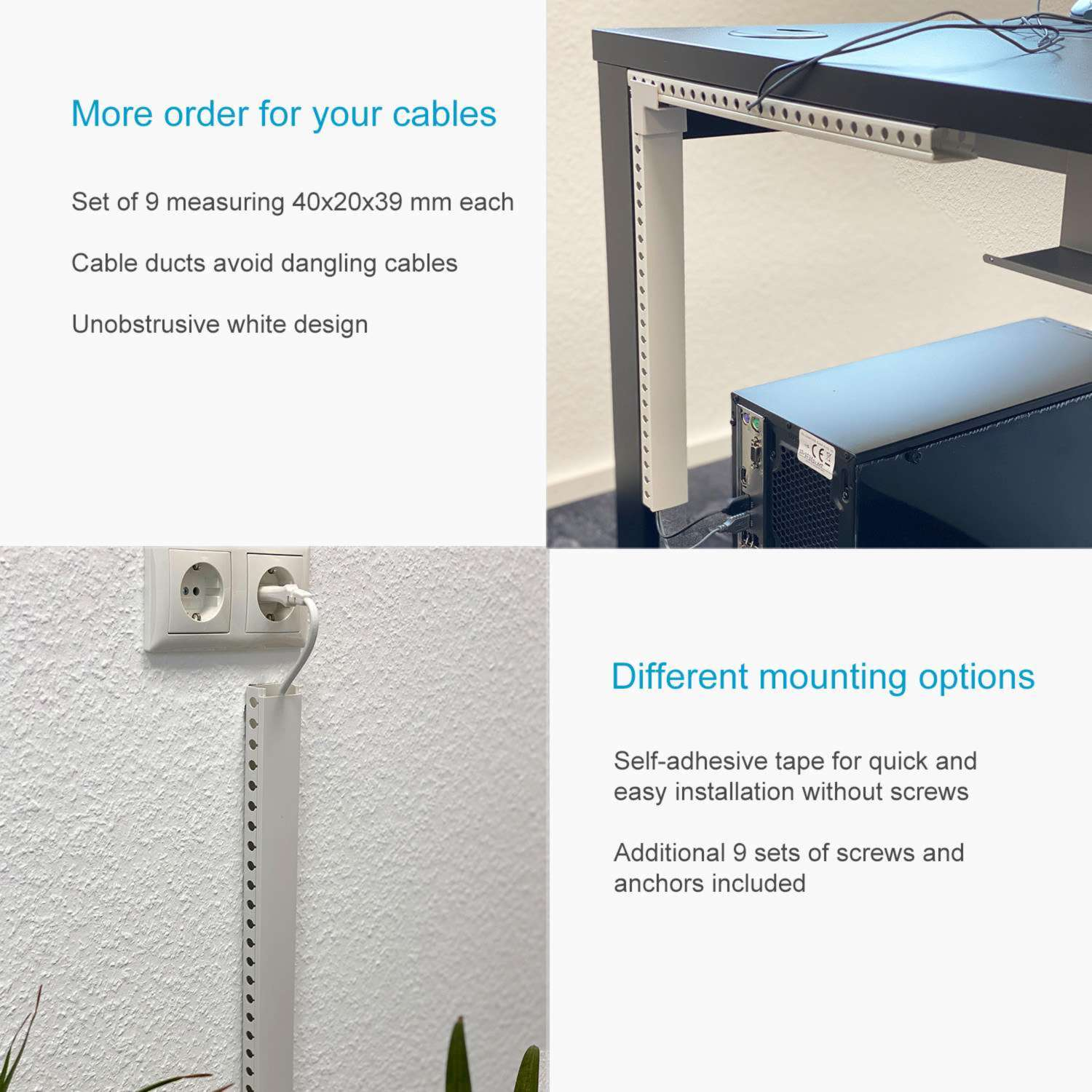 Weiße Kabelkanäle unter einem Schreibtisch und an einer Wand installiert. Text beschreibt Design und Montageoptionen.