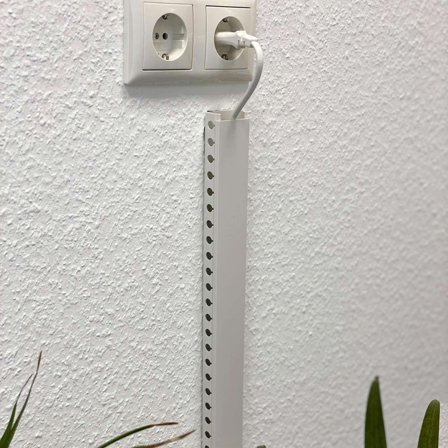 Ein weißes Kabel ist in eine Steckdose gesteckt. Eine weiße Kabelabdeckung verläuft die Wand hinunter.