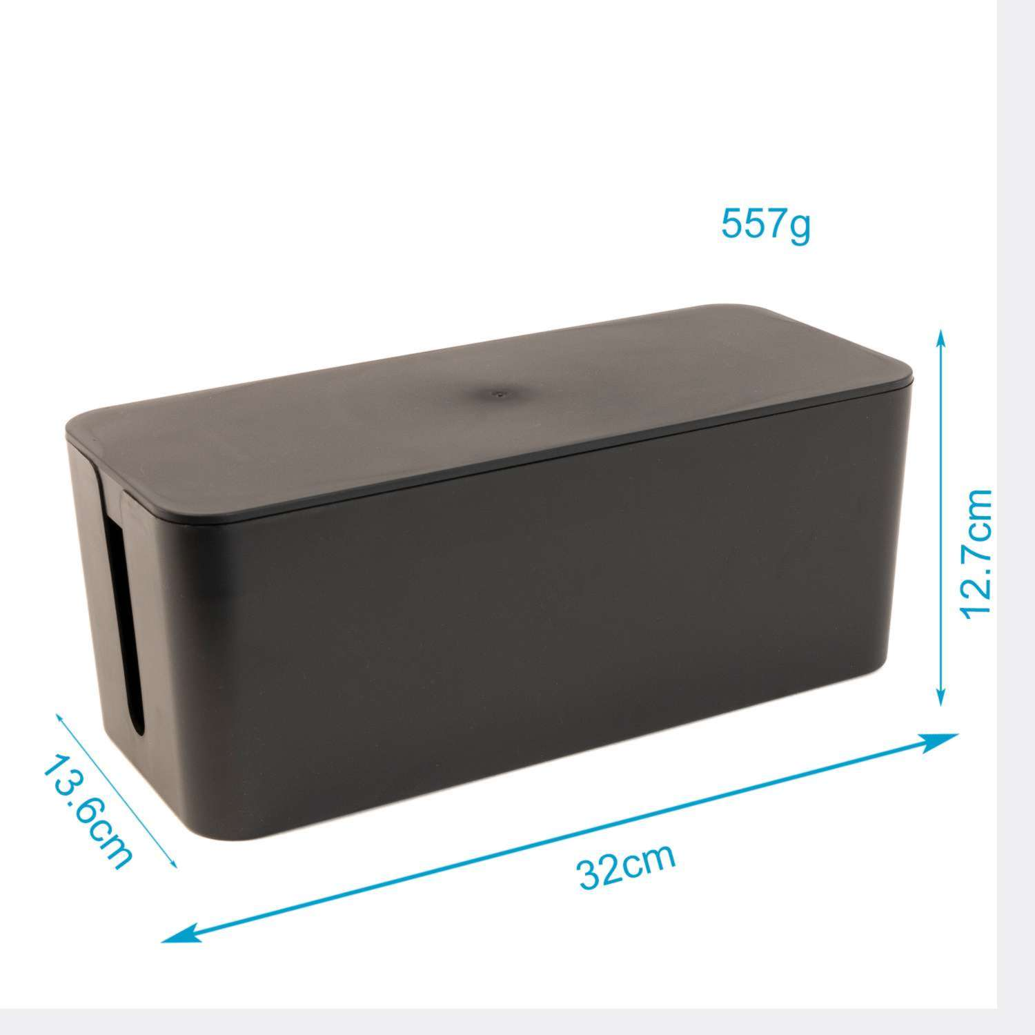 Schwarze Kabelbox mit beschrifteten Abmessungen. Hat einen Deckel und Öffnungen für Kabel.