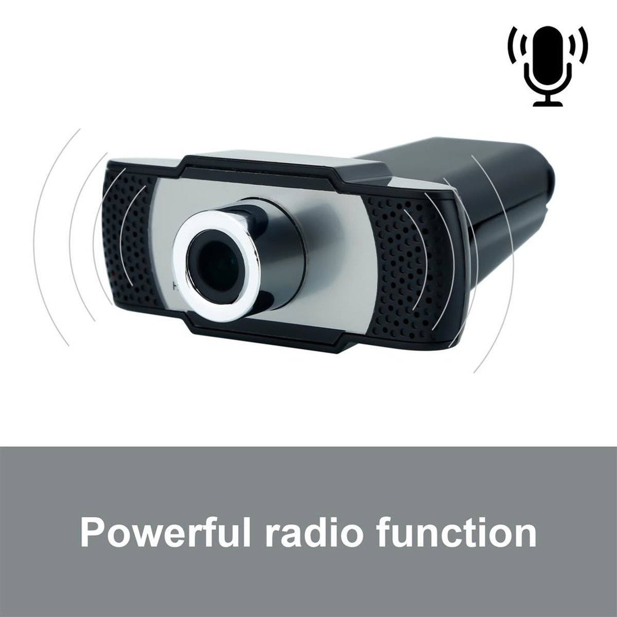 Eine schwarze Webcam mit silbernem Rahmen, mit dem Text 'Leistungsstarke Radiofunktion'.