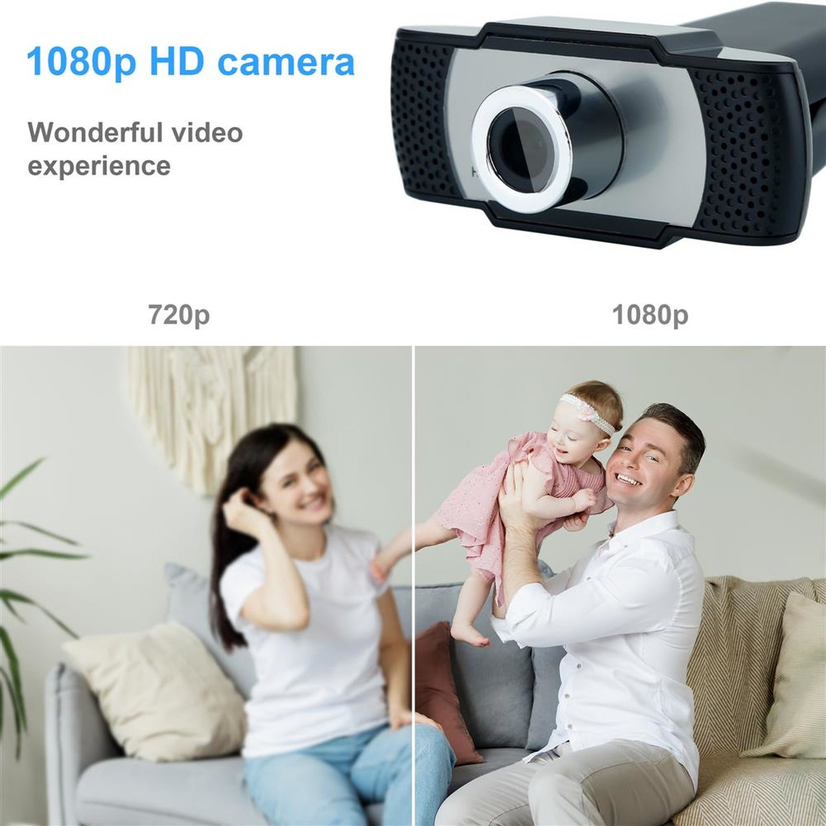 Webcam mit Text 1080p HD-Kamera und zwei Bildern, die 720p und 1080p Videos zeigen.
