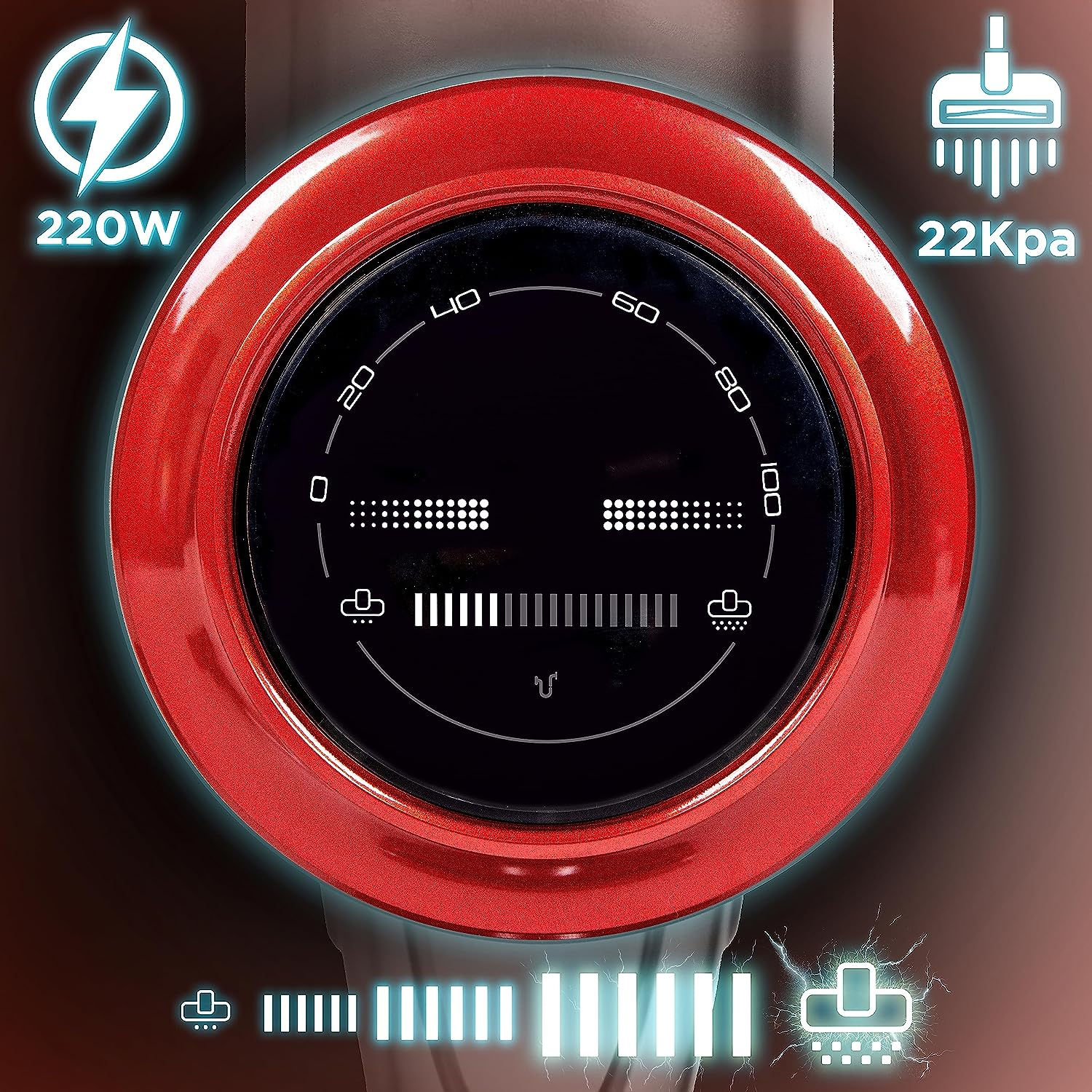 Ein rotes, kreisförmiges Gerät mit digitaler Anzeige, die Zahlen und Symbole zeigt.