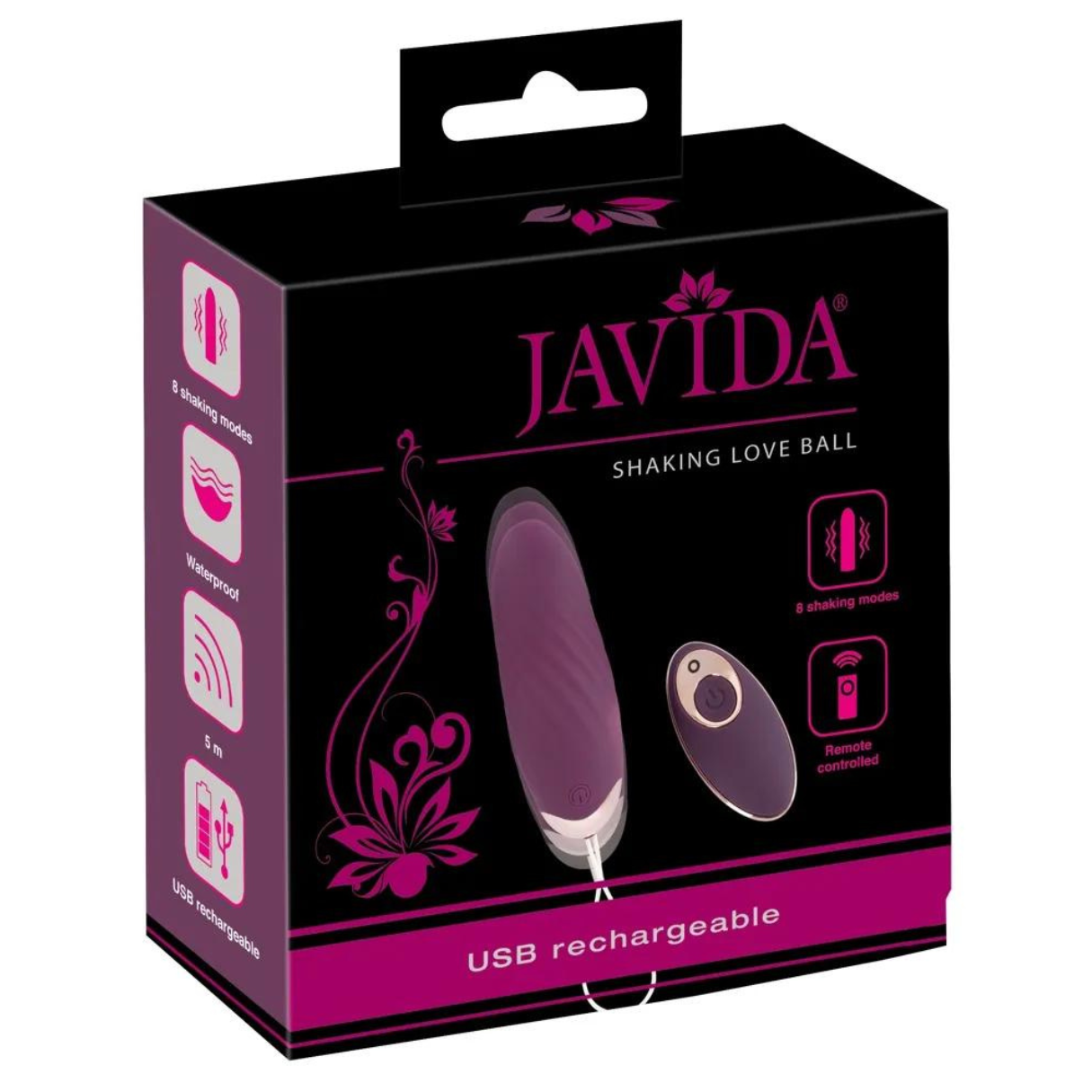 Box mit lila Love-Ball, Fernbedienung und Funktionen. Text: USB, 8 Modi, wasserdicht.