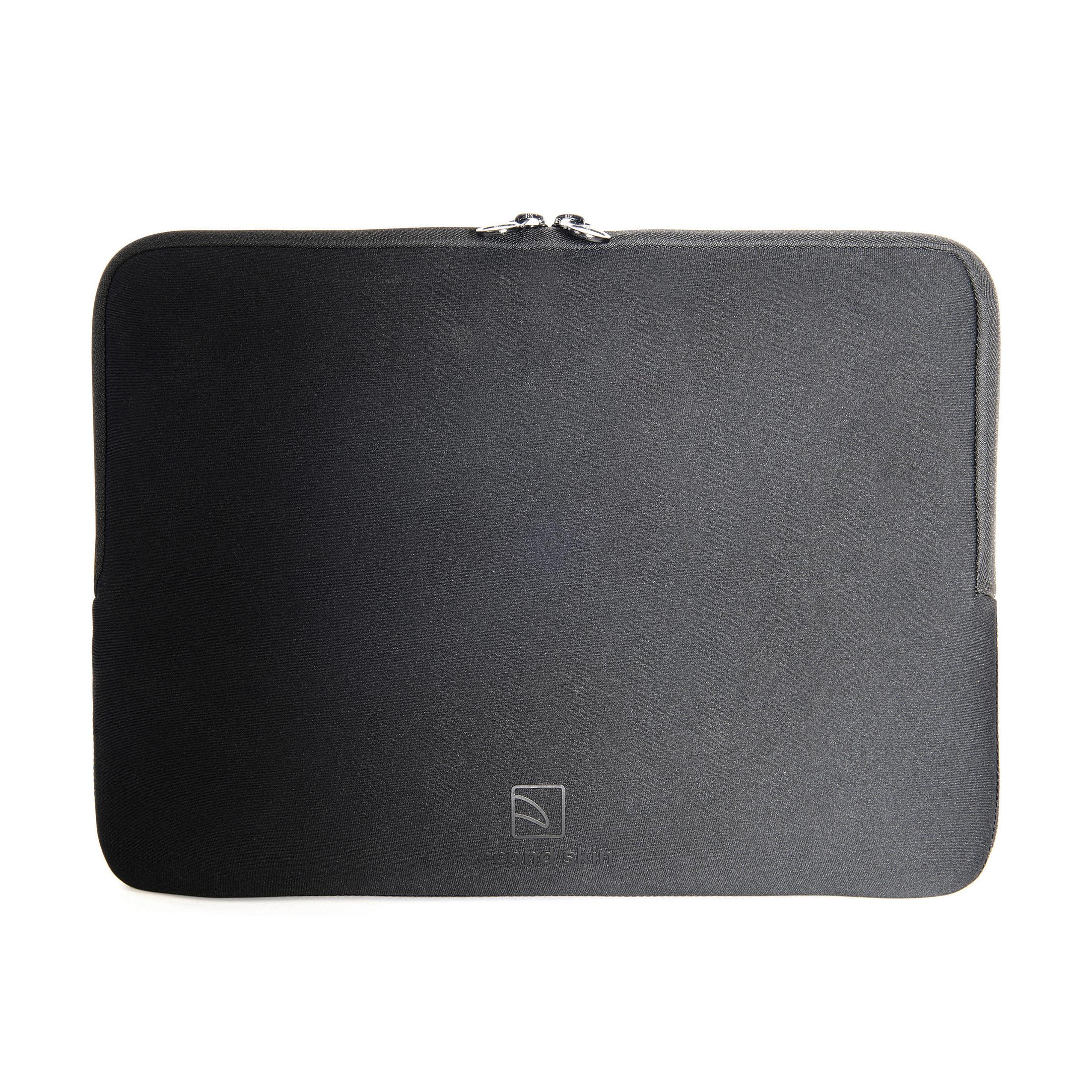 Custodia per laptop nera con cerniera e logo, su sfondo bianco.