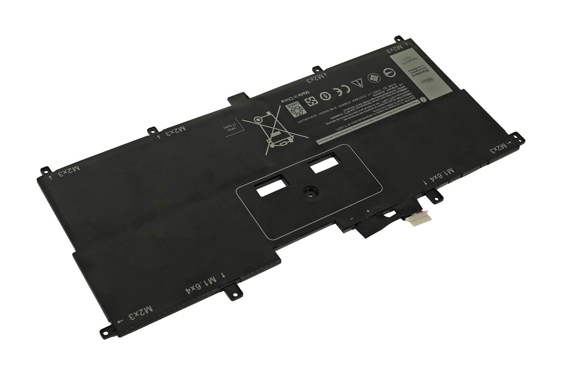 Ein schwarzer Laptop-Akku mit verschiedenen Etiketten und Anschlüssen, bereit für die Installation.