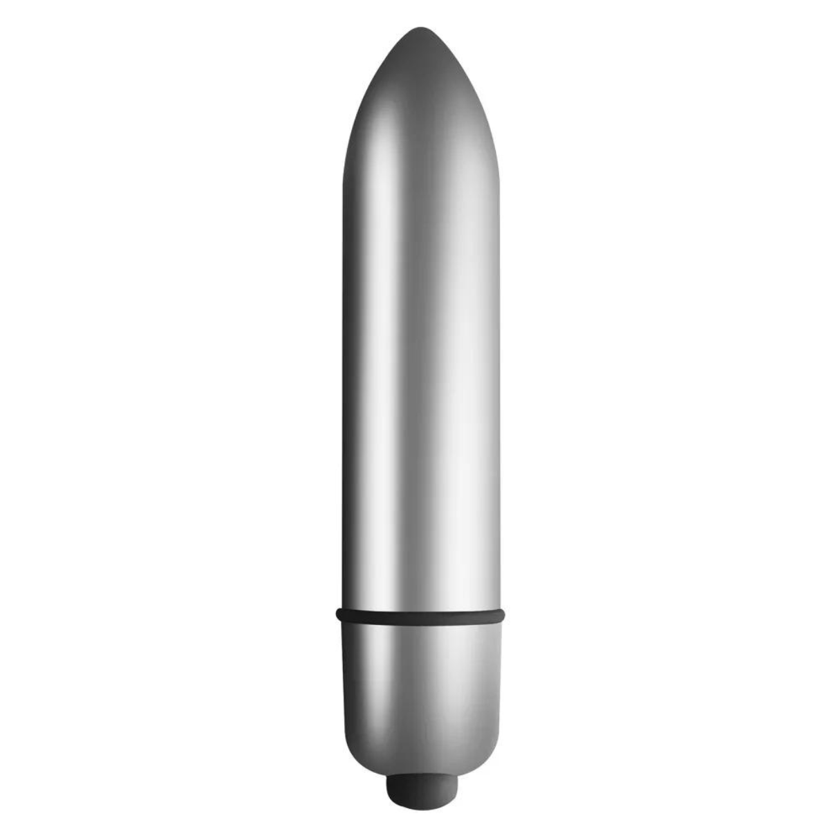 Silberner Vibrator auf weißem Hintergrund. Er hat eine abgerundete Basis und eine spitze Spitze.