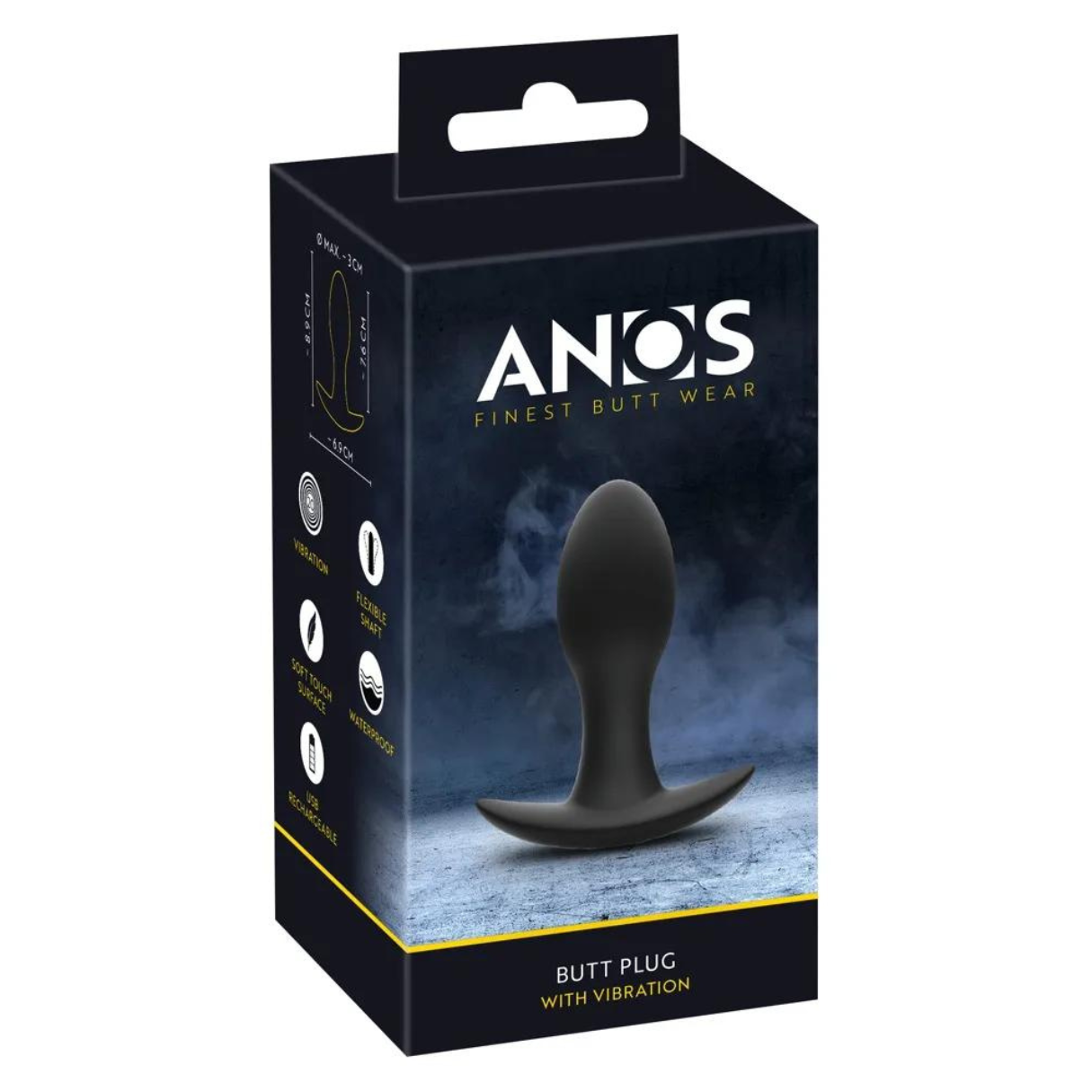 Schwarzer Anus-Plug in einer schwarzen Box mit Text und Diagrammen. Der Plug ist geformt.