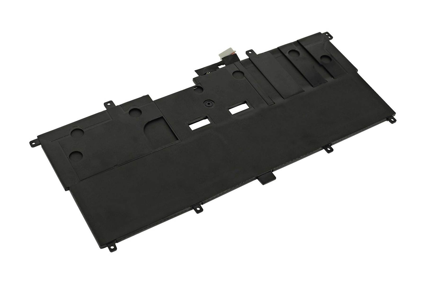 Schwarzer Laptop-Akku mit komplexem Design auf weißem Hintergrund.
