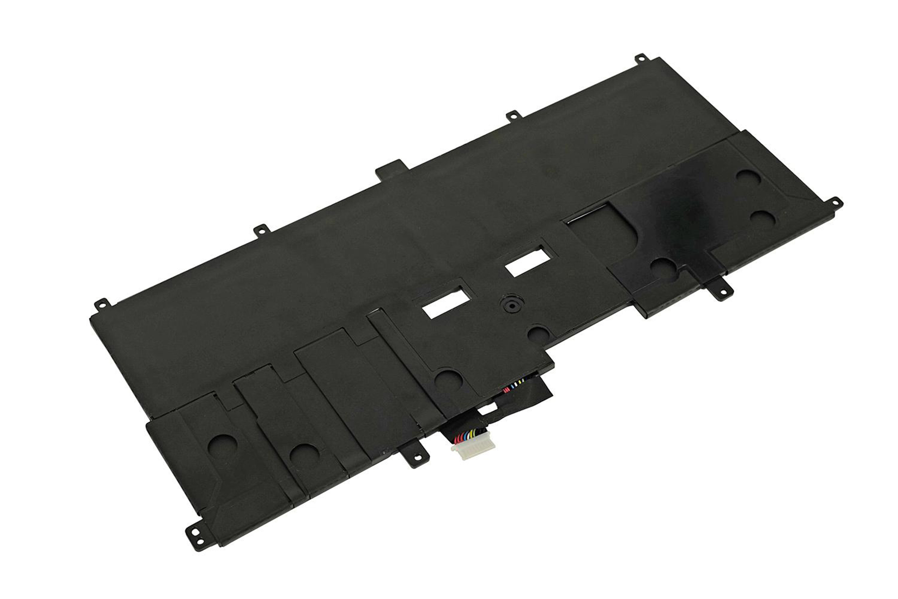 Schwarzer Laptop-Akku, rechteckig, mit Stecker.