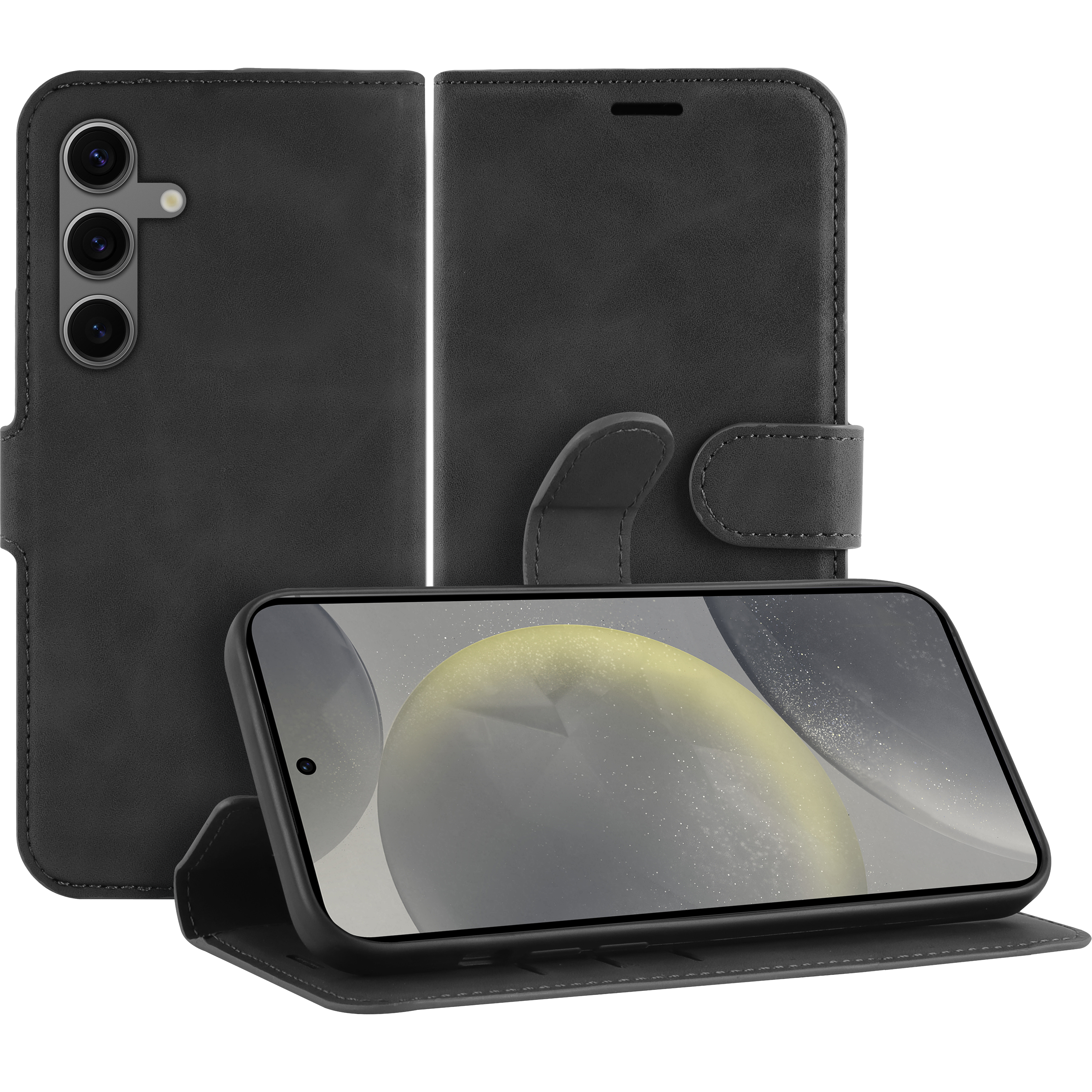 Eine schwarze Smartphone-Hülle mit einem schwarzen Telefon darin, auf schwarzem Hintergrund.