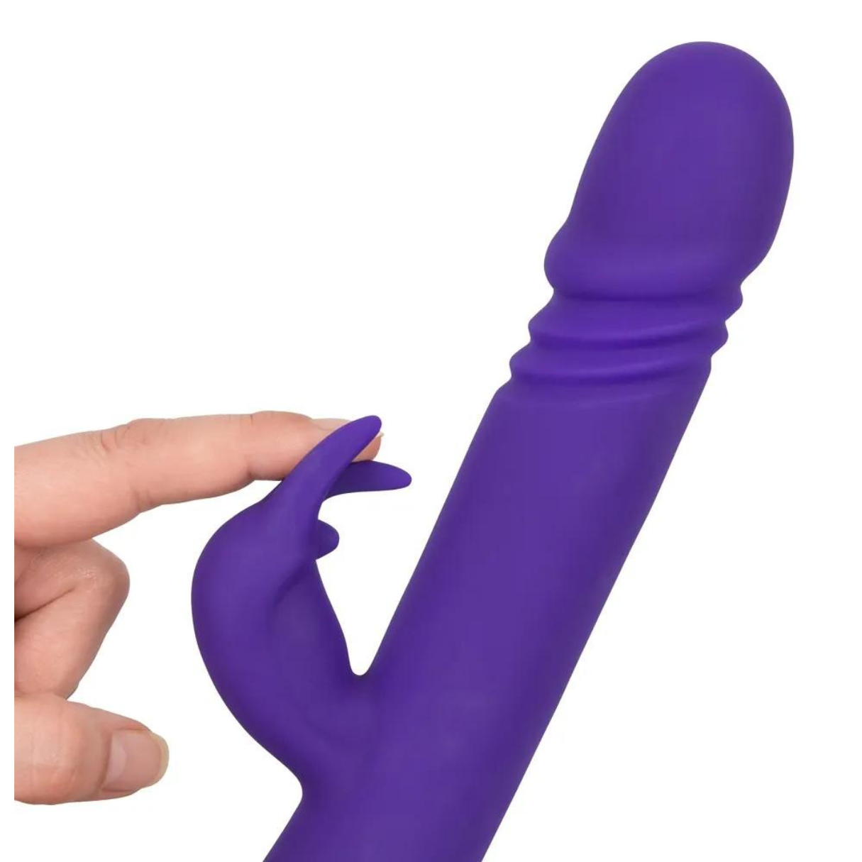 Ein lila Sexspielzeug, das von einem Finger berührt wird. Es hat eine schaftartige Form mit strukturierter Oberfläche.