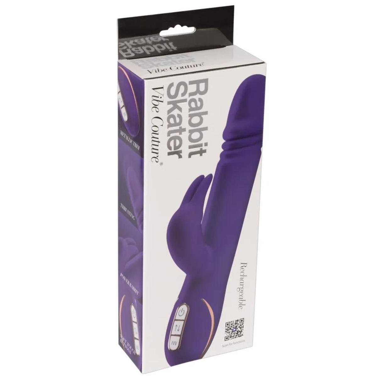 Schachtel mit lila Rabbit-Vibrator. Text enthält "Rabbit Skater" und "Vibe Couture".