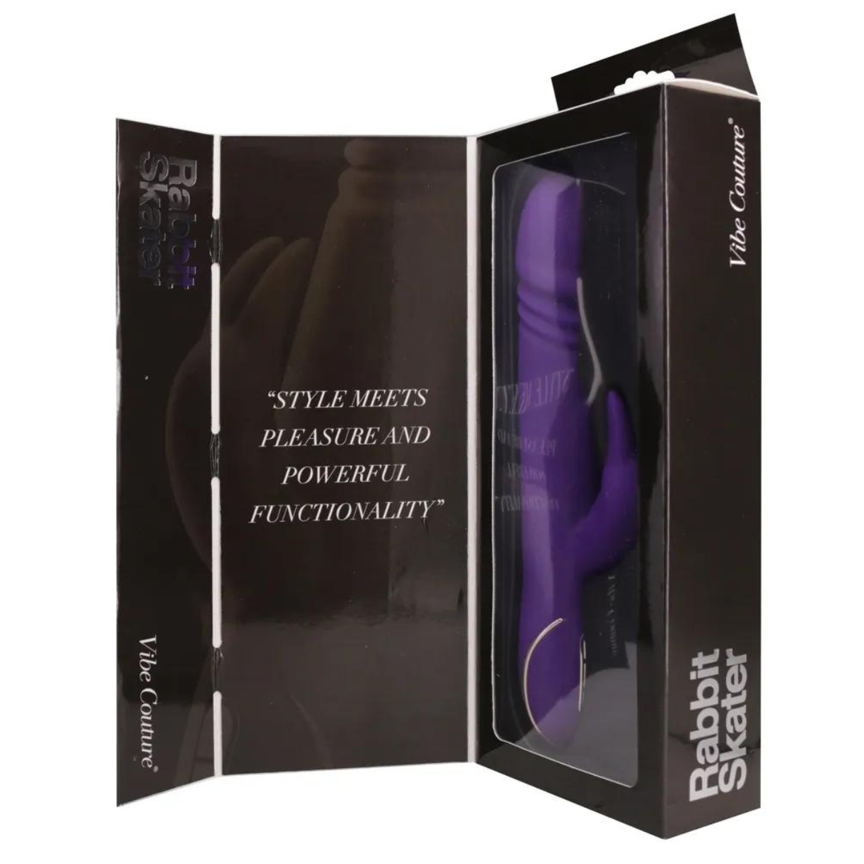 Lilafarbener Vibrator in einer schwarz-weißen Schachtel mit Text: "STYLE MEETS..."