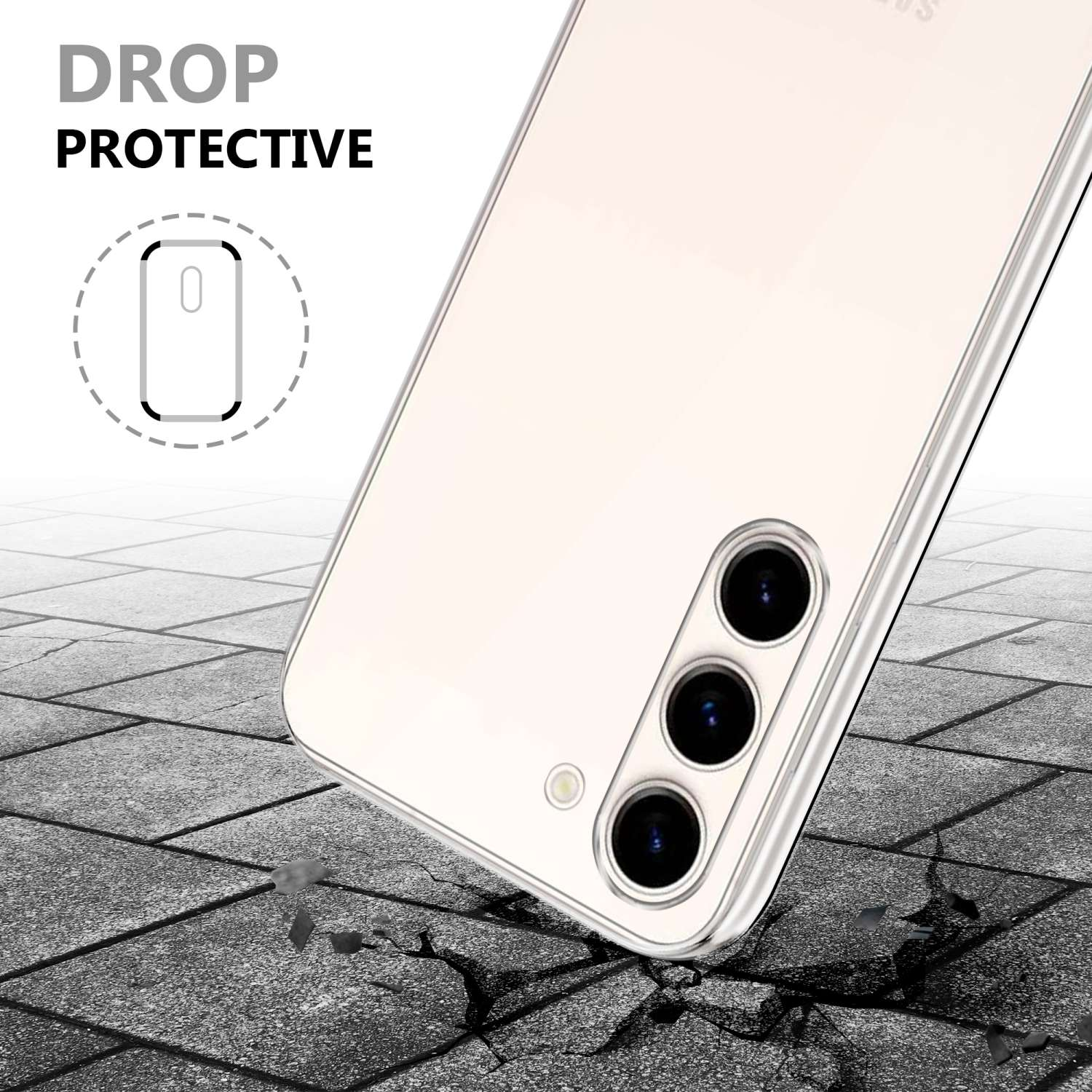 Custodia trasparente per telefono su superficie strutturata, mostrando il retro con lenti. Testo: DROP PROTECTIVE.