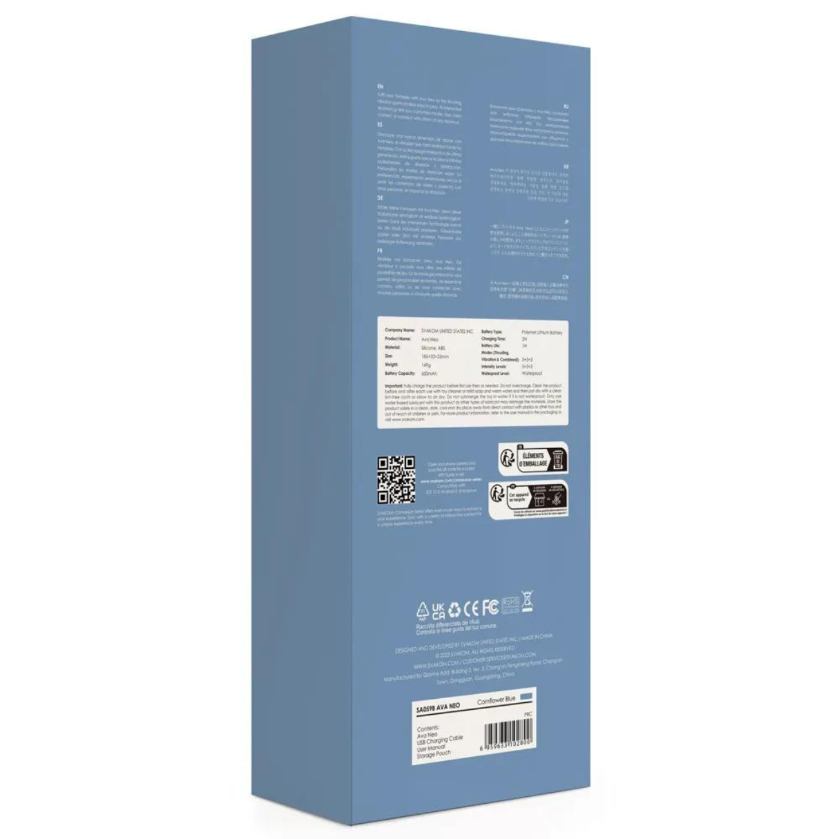 Blaue Box mit Text und Logos. Enthält Produktinformationen und Details.