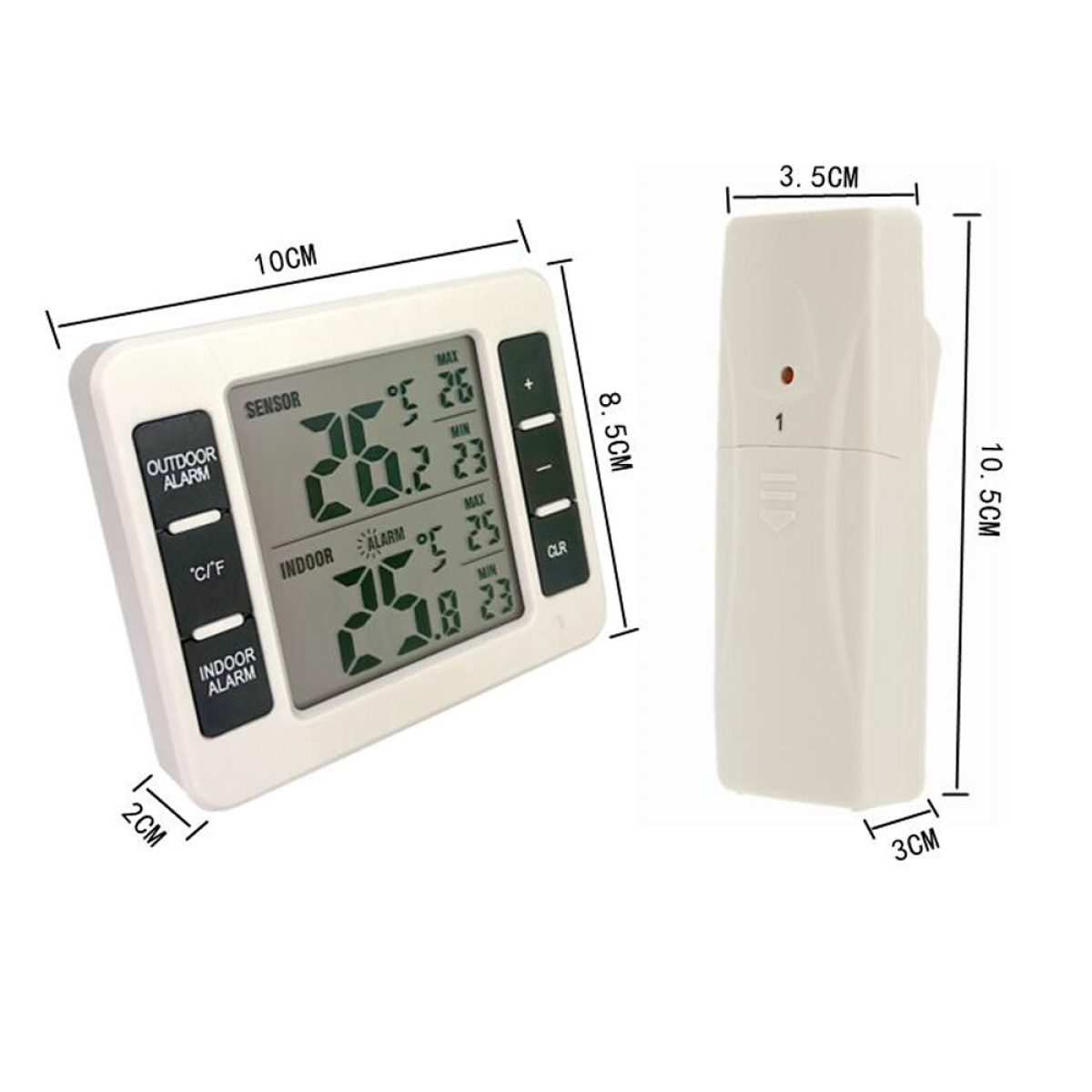 Digitales Thermometer mit Temperaturanzeigen und Maßangaben. Weißer und grauer Kunststoff.
