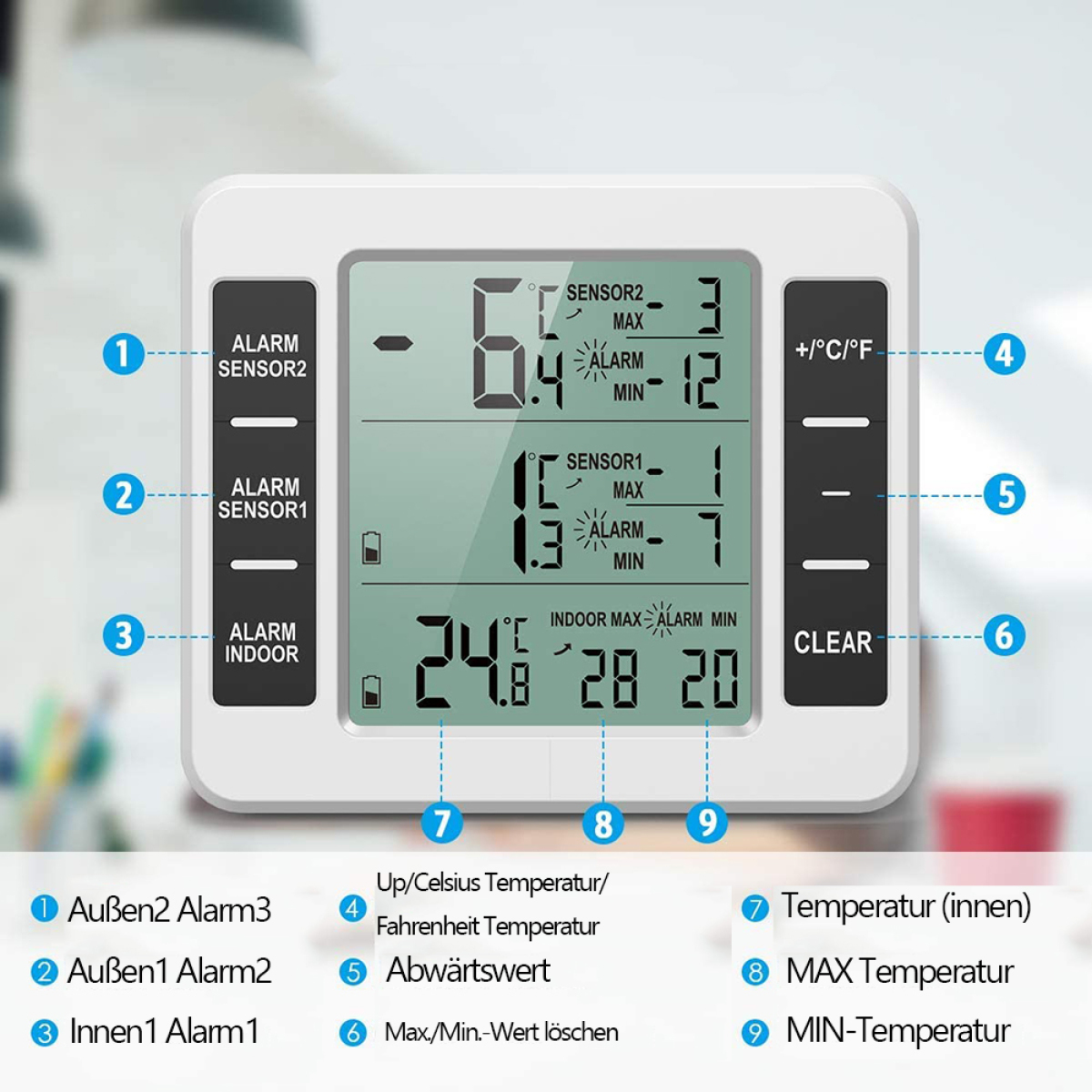 Ein digitales Thermometer mit Knöpfen und Beschriftungen. Der Bildschirm zeigt Zahlen.