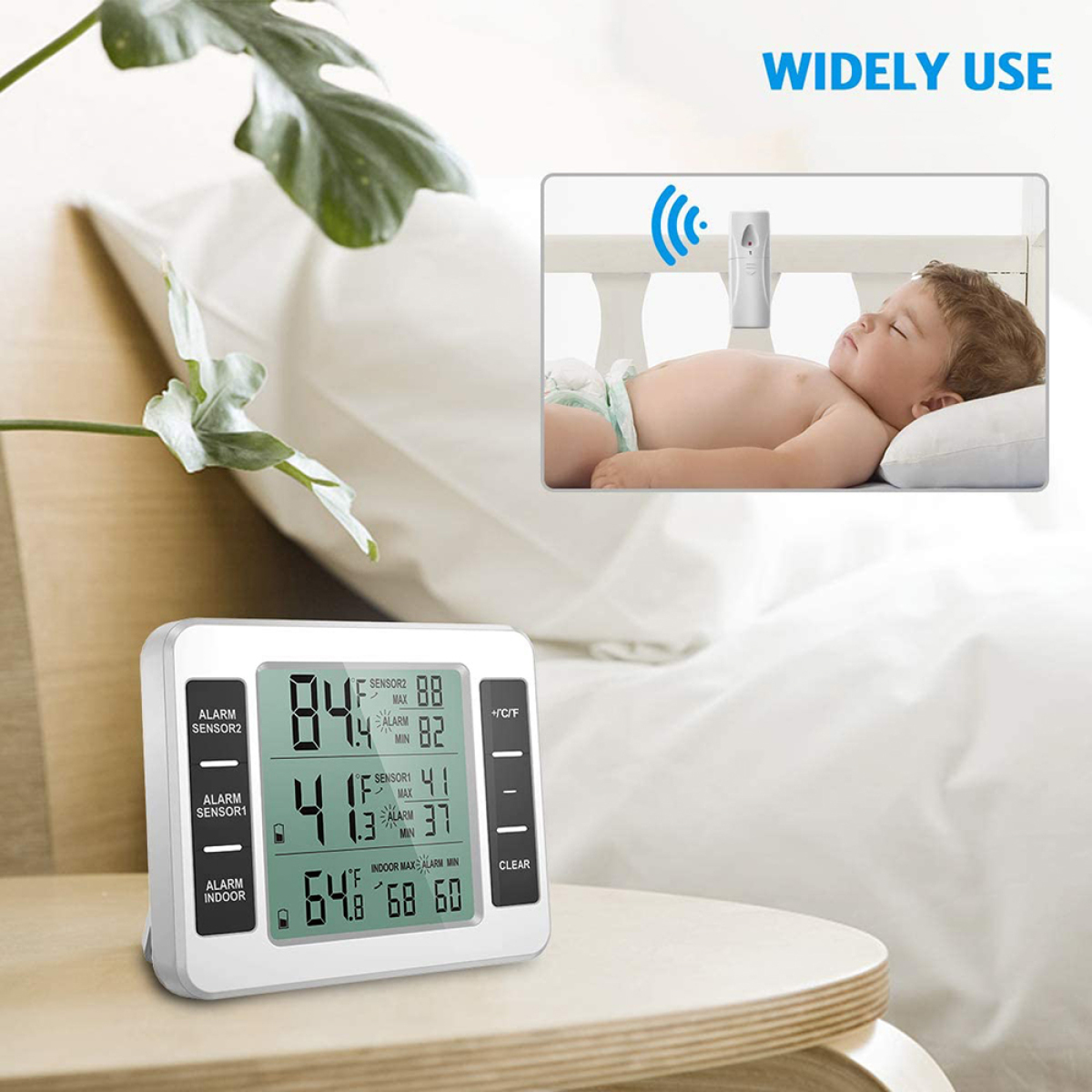 Ein Babyphone mit einem schlafenden Baby, neben einer Digitalanzeige mit Messwerten.