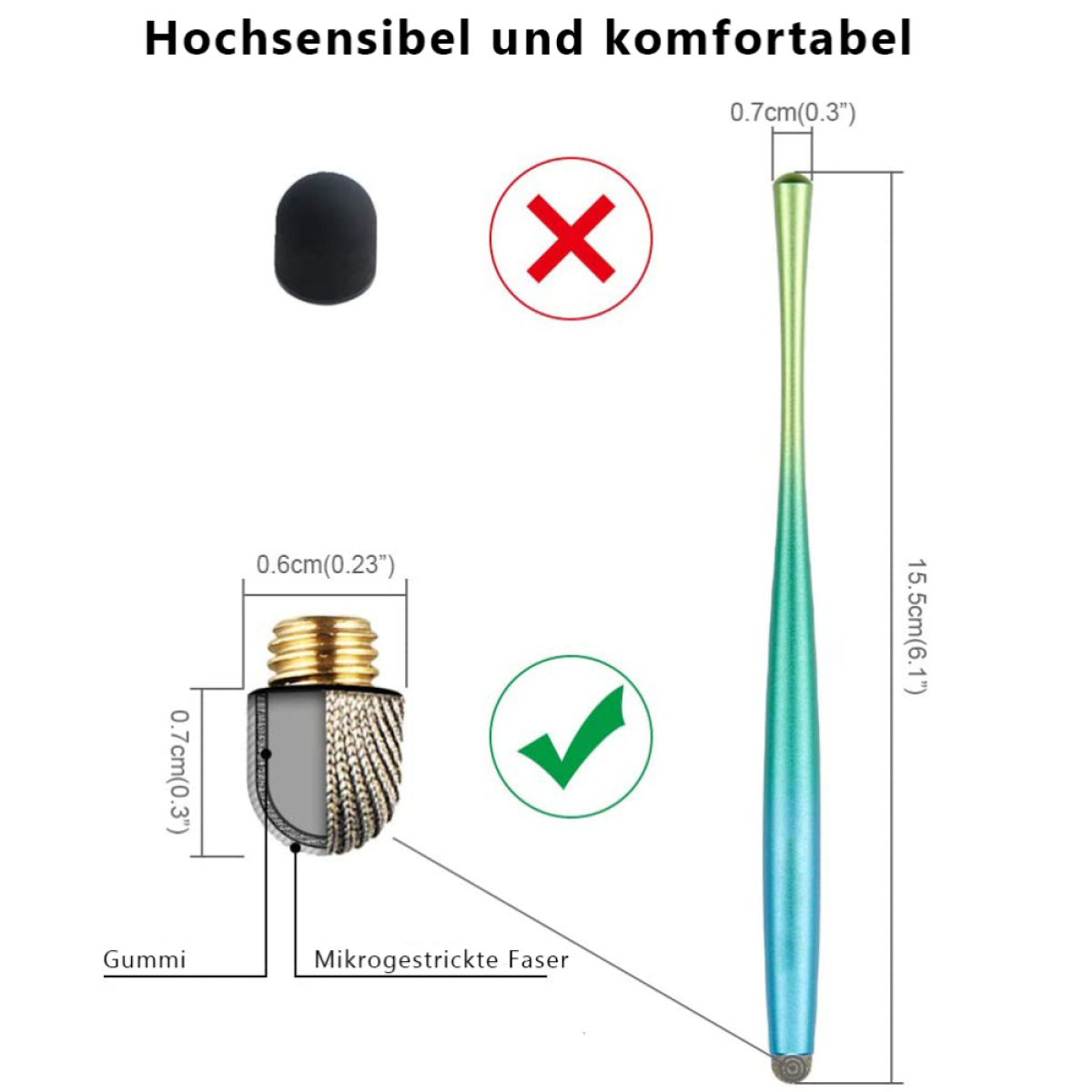 Illustration eines Ohrreinigungswerkzeugs mit Messungen und Text. Weißer Hintergrund.
