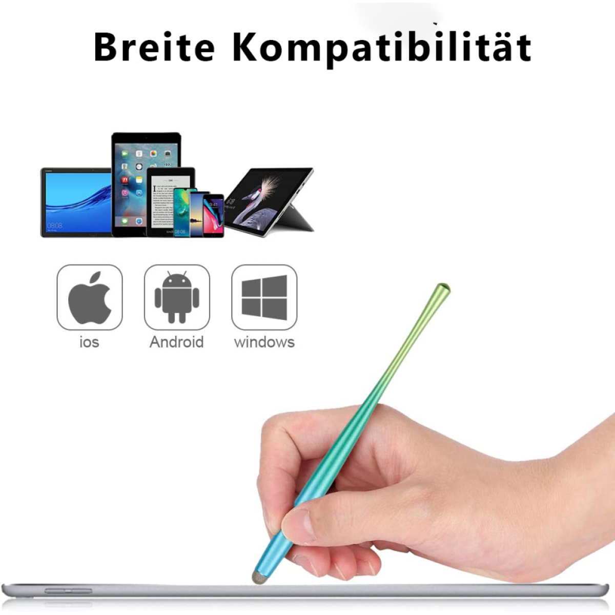 Stift und Tablets mit iOS-, Android- und Windows-Symbolen.