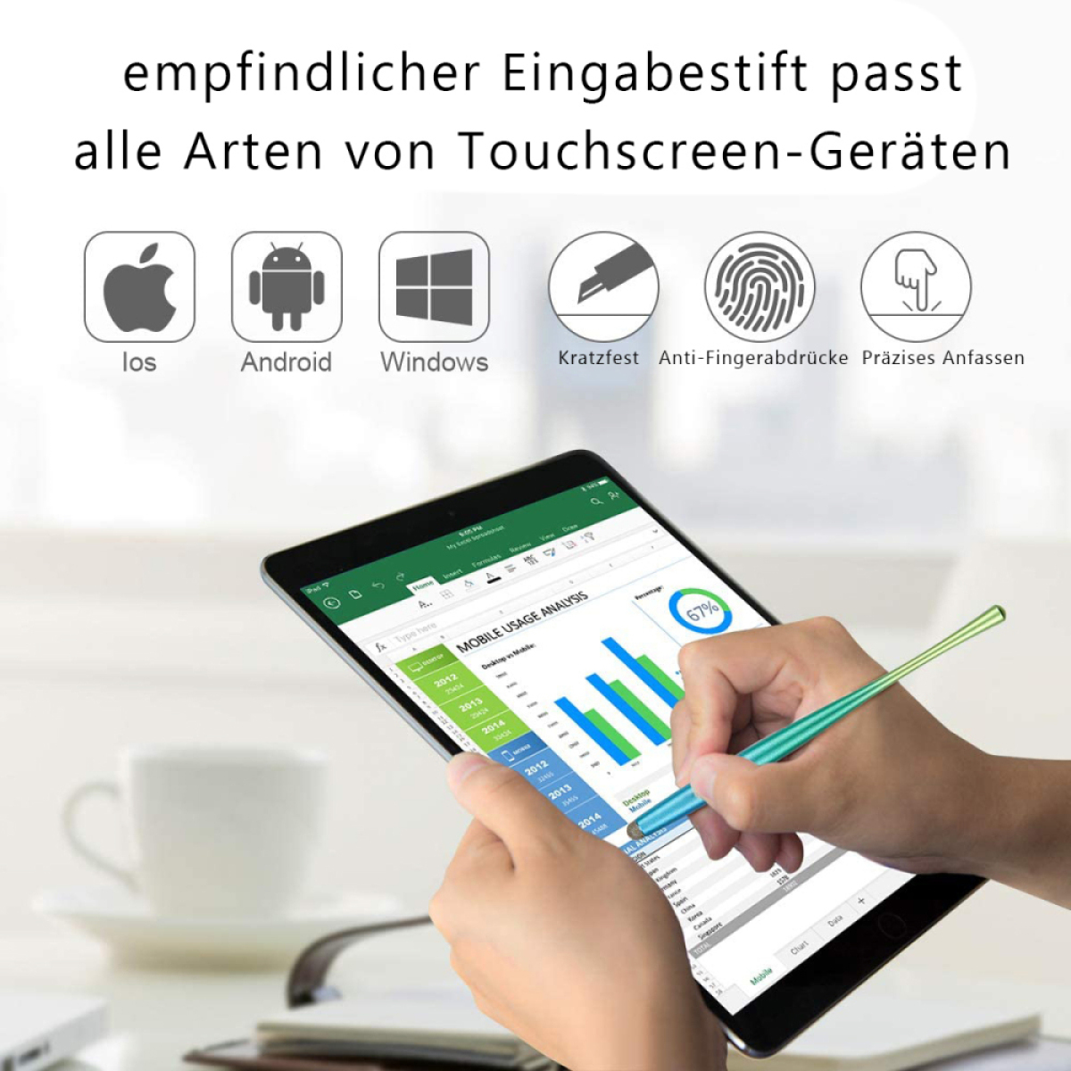 Eine Person verwendet einen Stift, um mit einem Tablet zu interagieren, auf dem eine mobile Nutzungsanalyse angezeigt wird.
