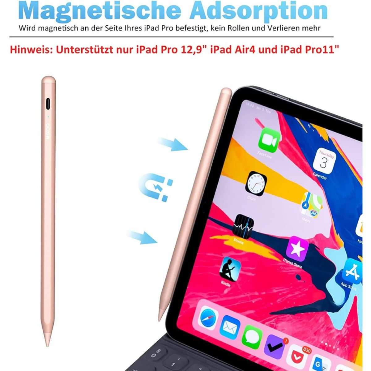 Rosa Stift und Tablet, mit Text, der magnetische Adsorption und Verwendung erklärt.