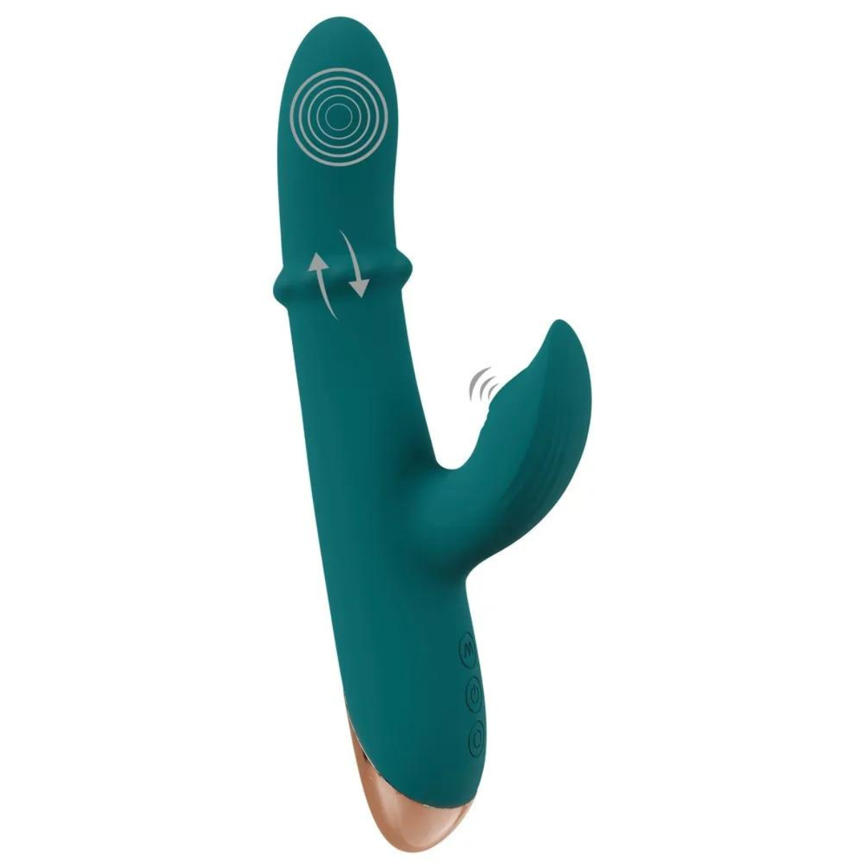 Türkisfarbener Vibrator mit geschwungenem Design und abgerundeter Spitze, auf weißem Hintergrund.