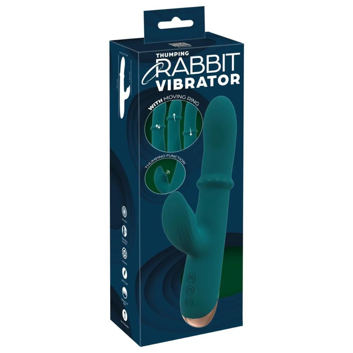 Ein türkisfarbener Rabbit-Vibrator in einer Box mit Text und Illustrationen.