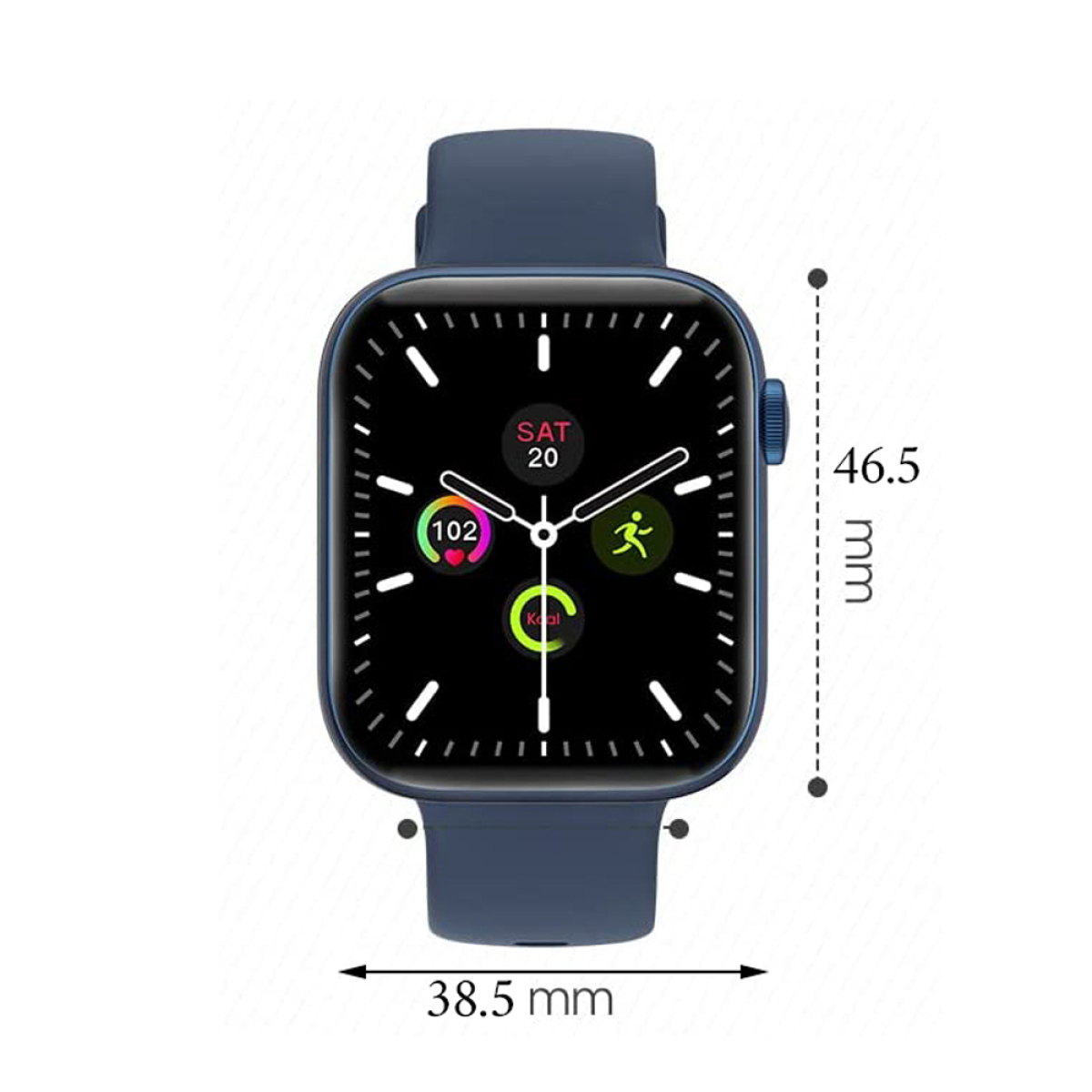 Eine blaue Smartwatch mit schwarzem Bildschirm, der Metriken und Messungen anzeigt.