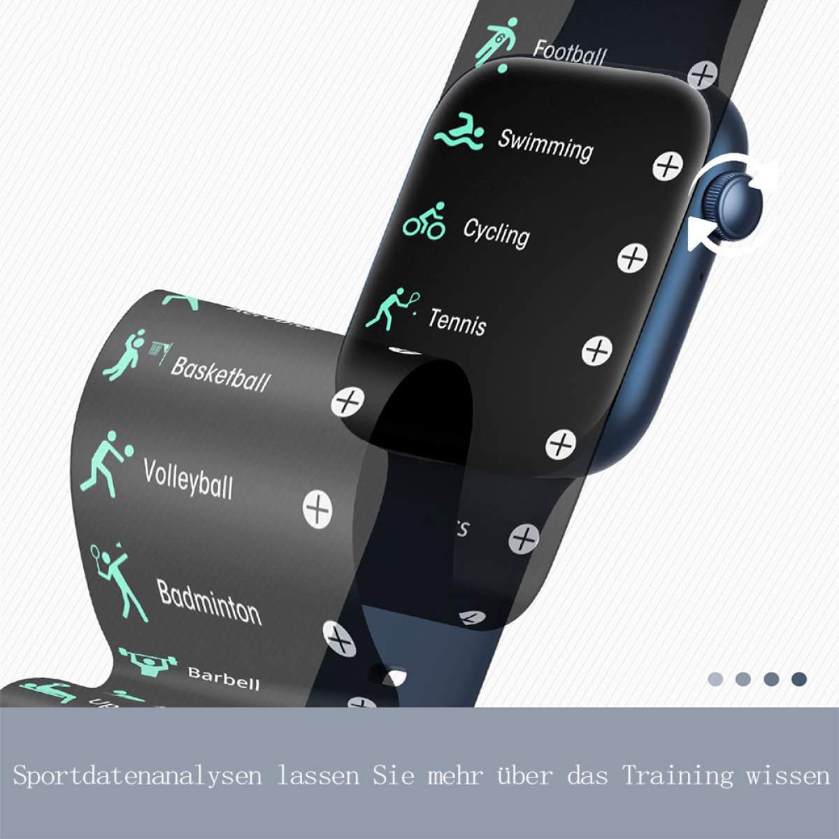 Ein Smartwatch-Bildschirm mit Sport-Icons und einer Benutzeroberfläche zur Sportauswahl.