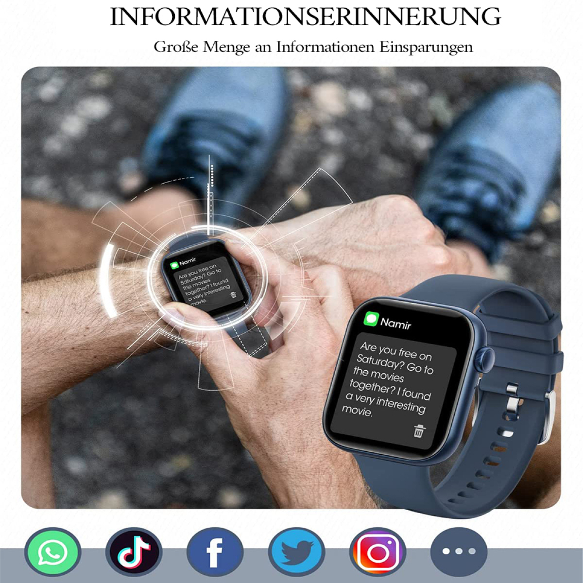 Smartwatch, das eine Textnachricht anzeigt. Der Hintergrund zeigt die Arme einer Person. Social-Media-Symbole unten.