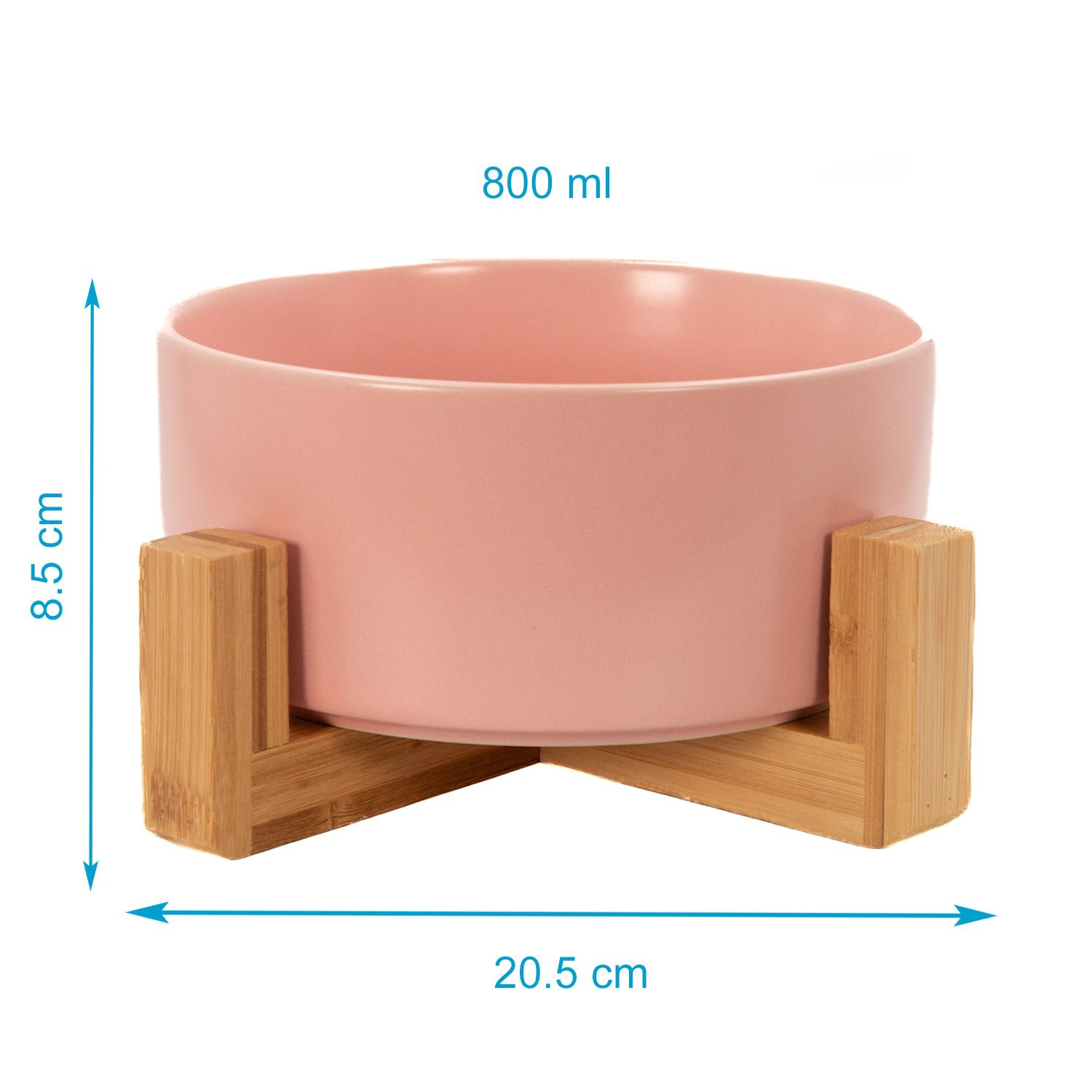 Eine rosa Haustier-Schüssel auf einem Holzständer. Sie hat ein Fassungsvermögen von 800 ml, Abmessungen mit Pfeilen.