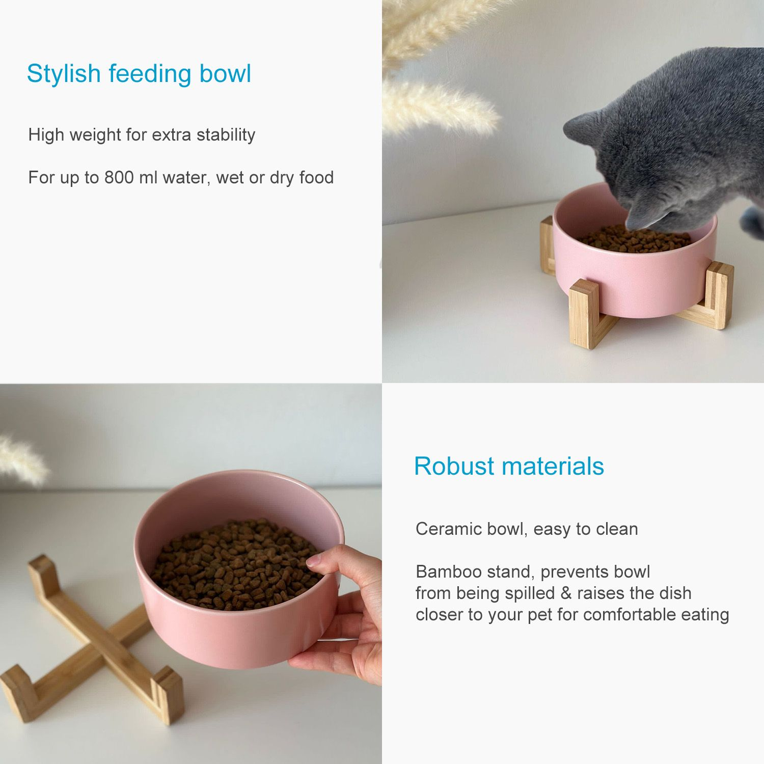 Eine Katze isst aus einer rosa Schüssel auf einem Holzständer. Text hebt die Merkmale von Schüssel und Ständer hervor.