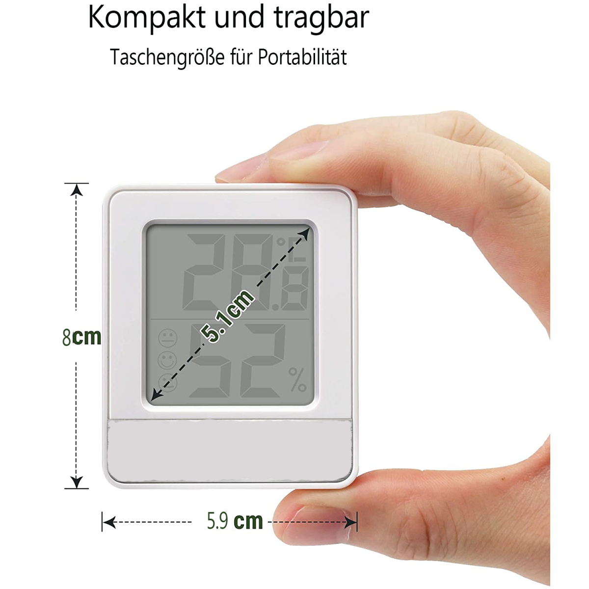 Ein weißes Gerät mit digitaler Anzeige, die Zahlen und Prozentsätze anzeigt. Es wird von einer Hand gehalten.