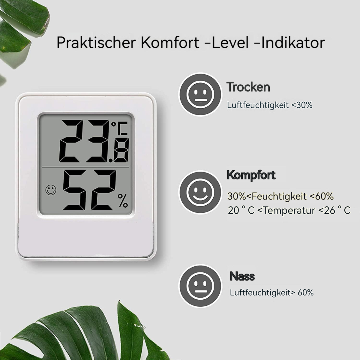 Ein weißes digitales Hygrometer zeigt Temperatur und Luftfeuchtigkeit an, mit Symbolen und Text.