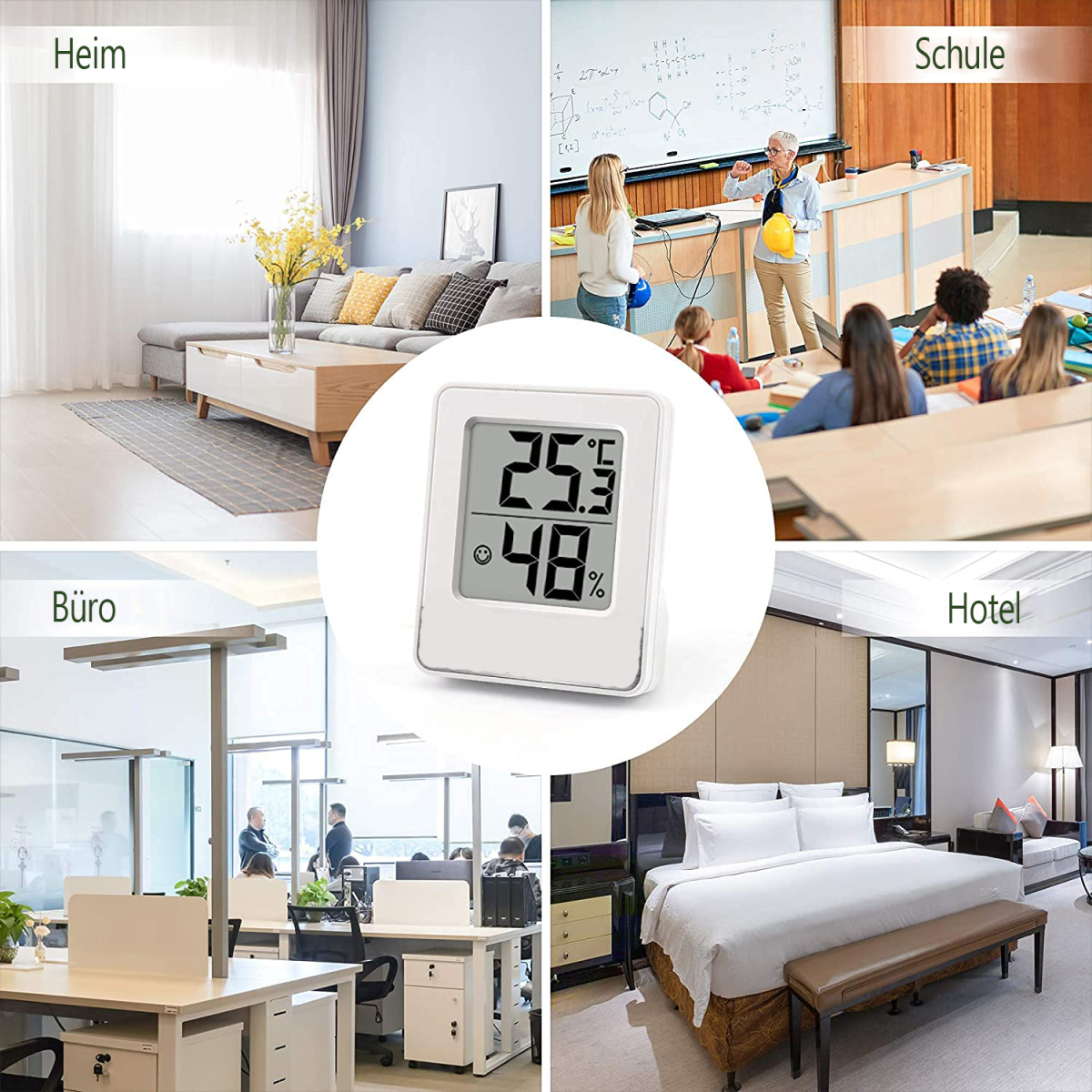 Digitalthermometer mit 25,3°C und 48 % Luftfeuchtigkeit. Vier Szenen: Zuhause, Schule, Büro, Hotel.