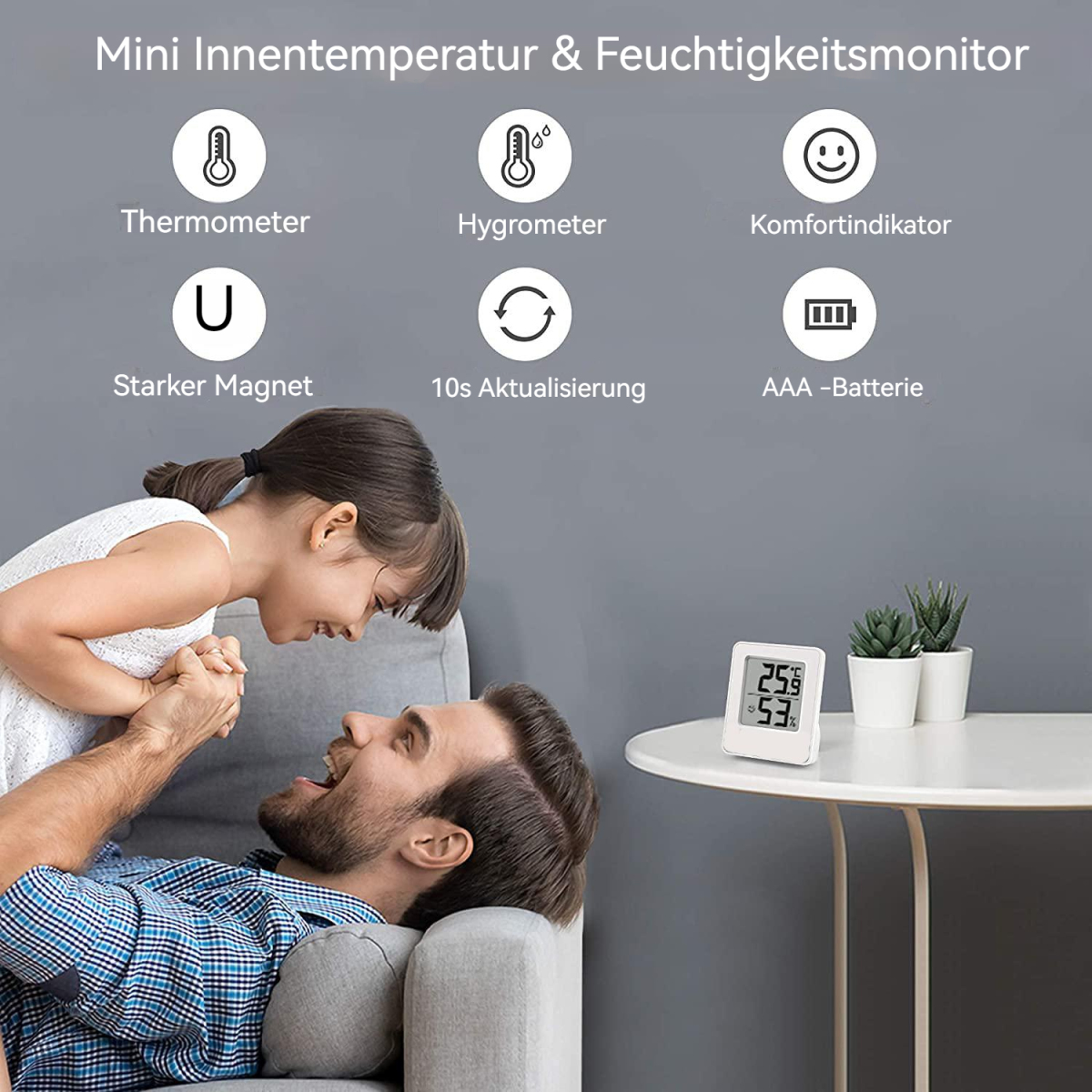 Mann und Kind schauen auf ein Thermometer, plus Symbole und zwei kleine Pflanzen.
