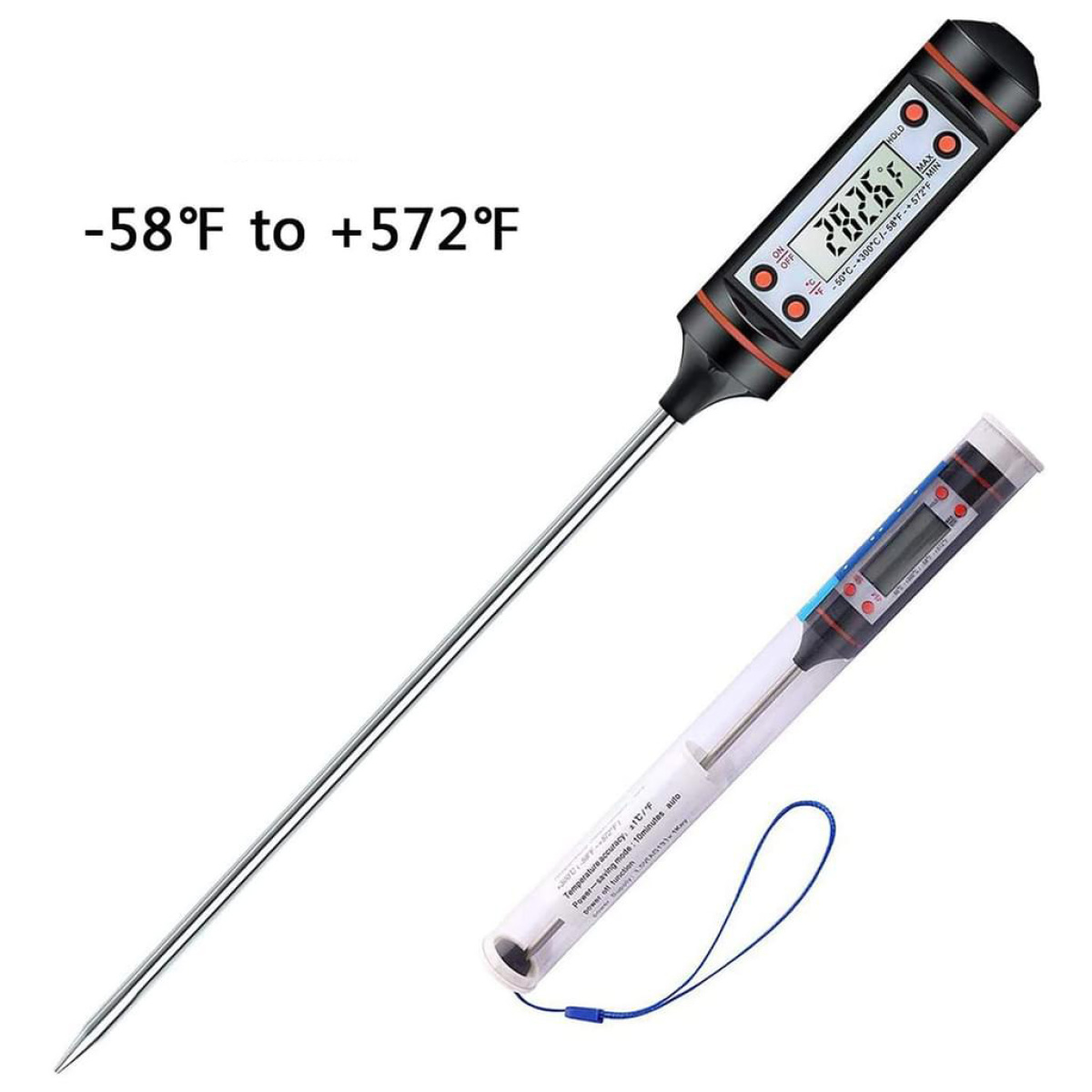 Ein digitales Thermometer mit langer Metallsonde. Es befindet sich in der Verpackung, die Temperatur wird angezeigt.
