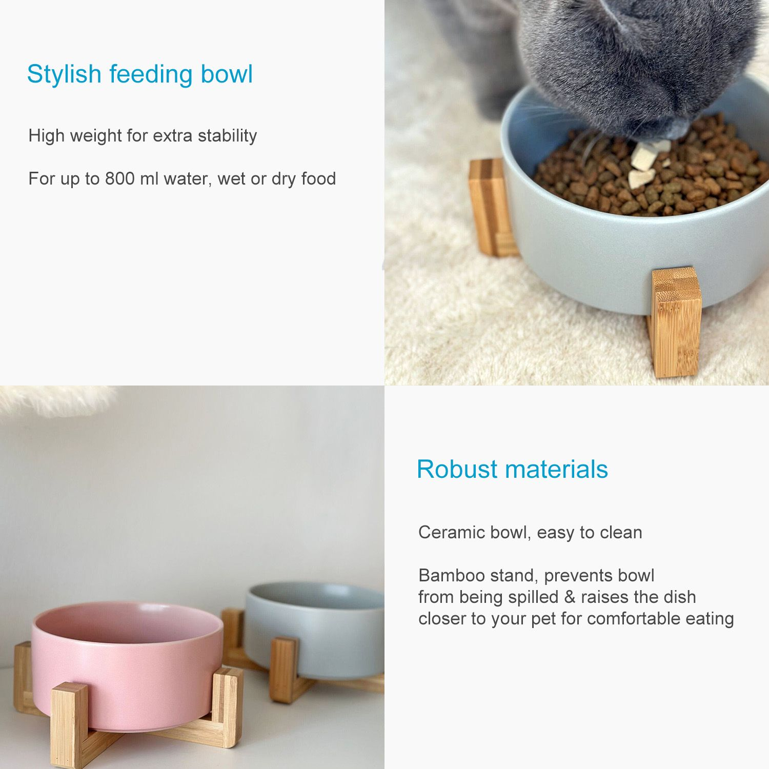Eine Katze frisst aus einer Schüssel. Die Schüssel steht auf einem Holzständer, Text sichtbar.
