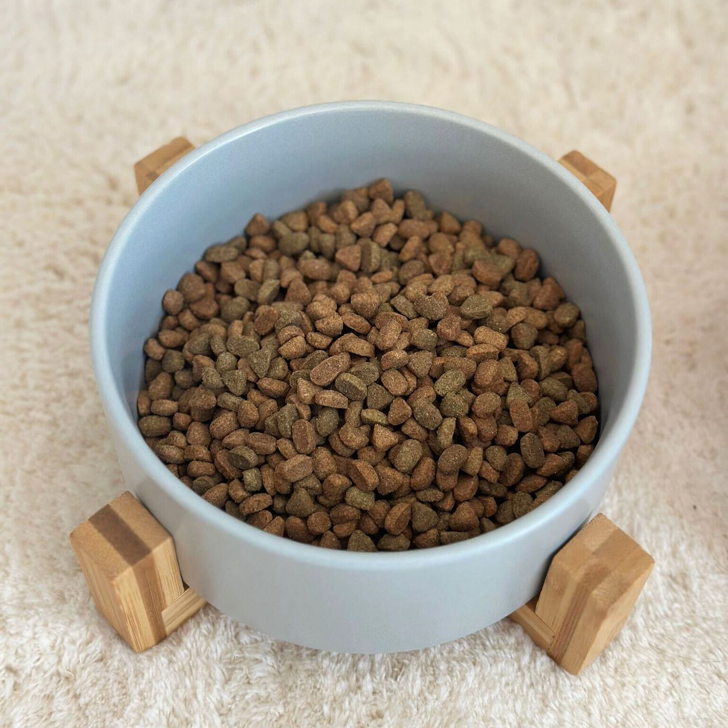 Hundefutter in einer hellblauen Schüssel auf einem Holzständer. Braunes, trockenes Futter sichtbar.