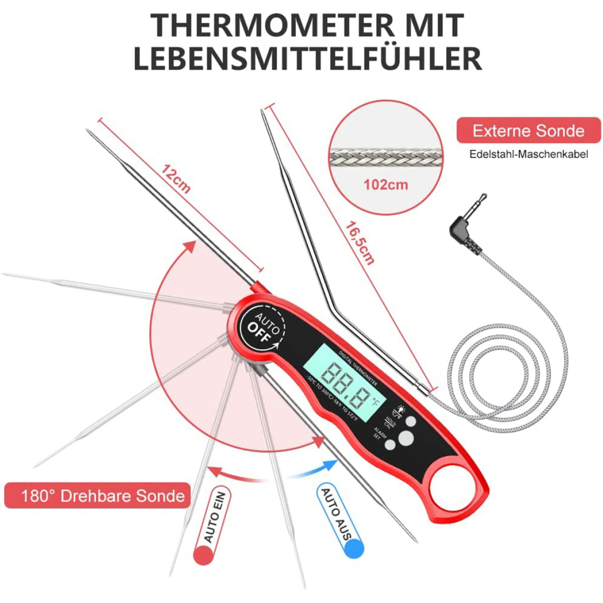 Rotes und schwarzes digitales Thermometer mit externer Sonde, mit Textbeschriftungen, weißer Hintergrund.