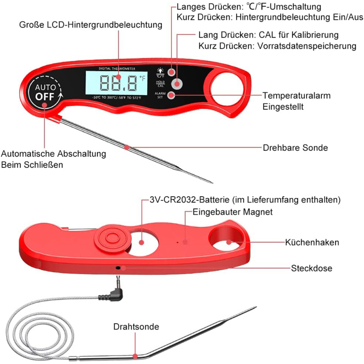 Rotes digitales Fleischthermometer mit Sonde, zeigt 88,8°F, mit beschrifteten Teilen. Automatisches Ausschalten und Batteriefach.
