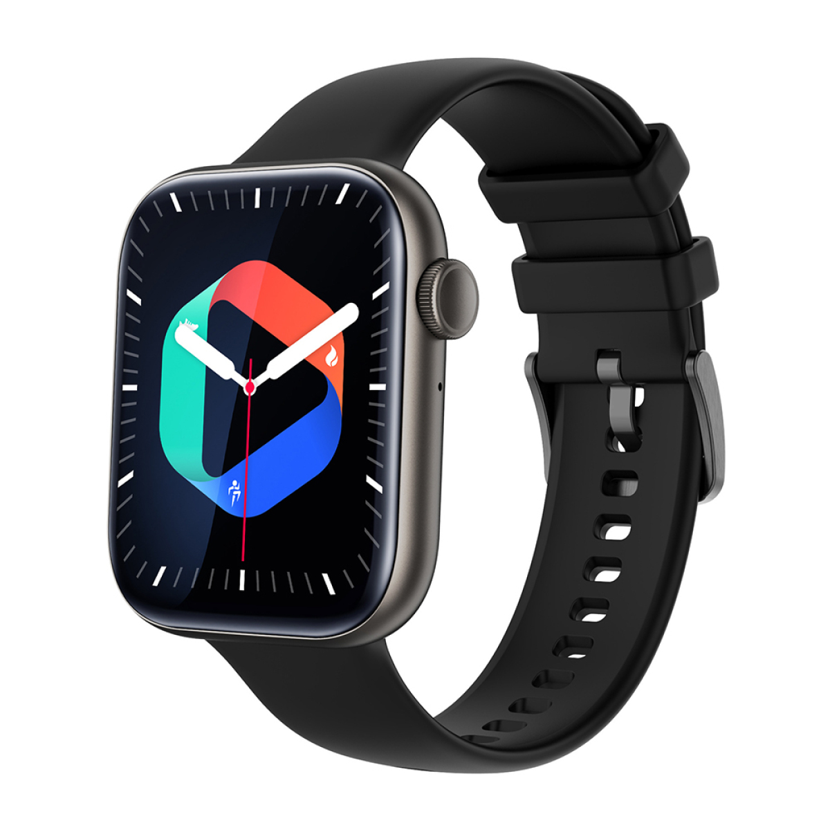Eine schwarze Smartwatch mit farbigem Bildschirm und schwarzem Armband.