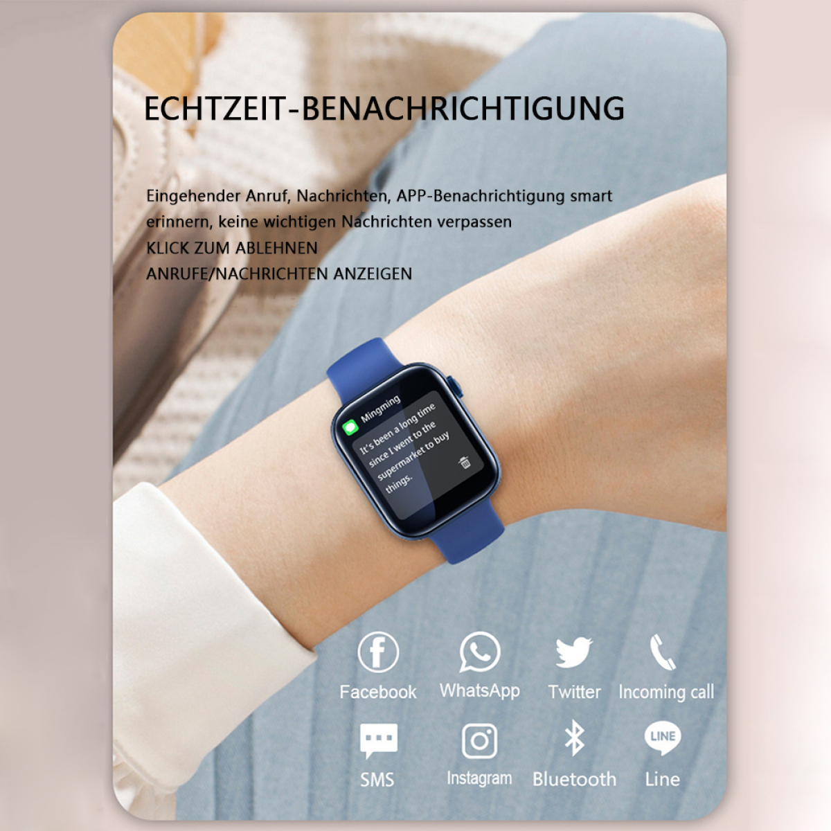 Smartwatch zeigt Benachrichtigung am Handgelenk, mit Social-Media-App-Symbolen.